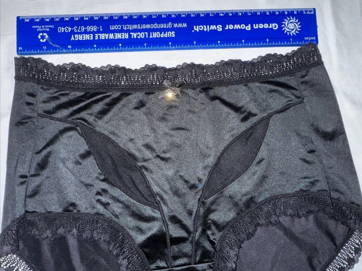~Shiny Large Black With Gem Nylon Lace Blended Panties W/Bow Cotton Gusset New