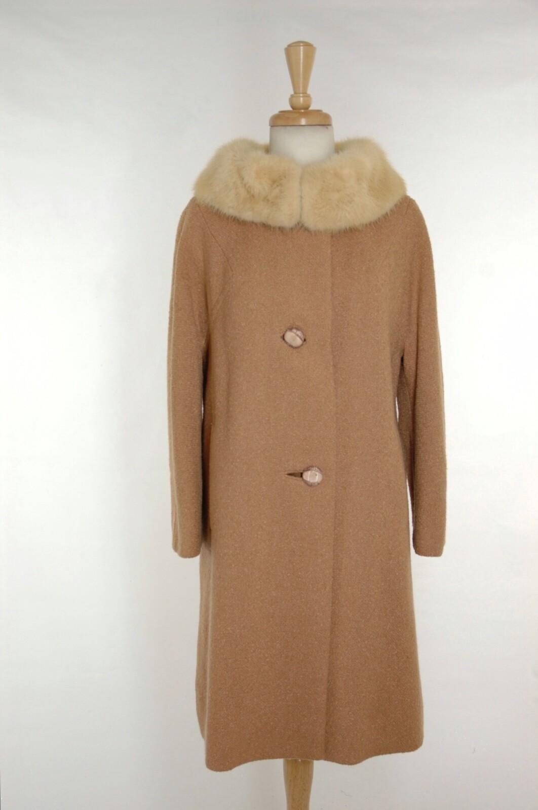VTG 1960s MEDIUM LARGE Camel Cream Coat Wool Tweed Oversize Mod Fox Fur Collar