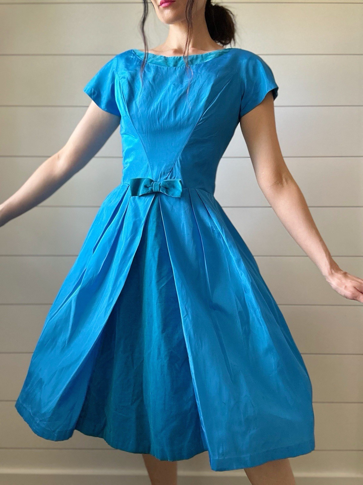 Vintage 1950s Dress Lorrie Deb Taffeta Blue Velvet Accents Rockability Housewife