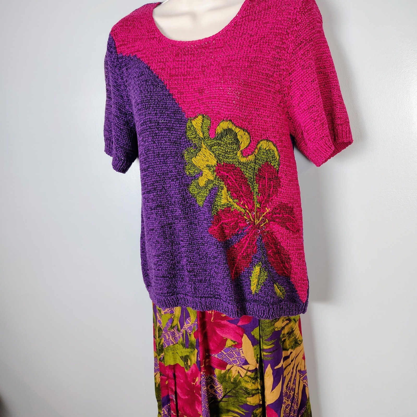 Koret Vintage 2 Piece Set Womens Medium Pink Purple Floral Knit Top Maxi Skirt