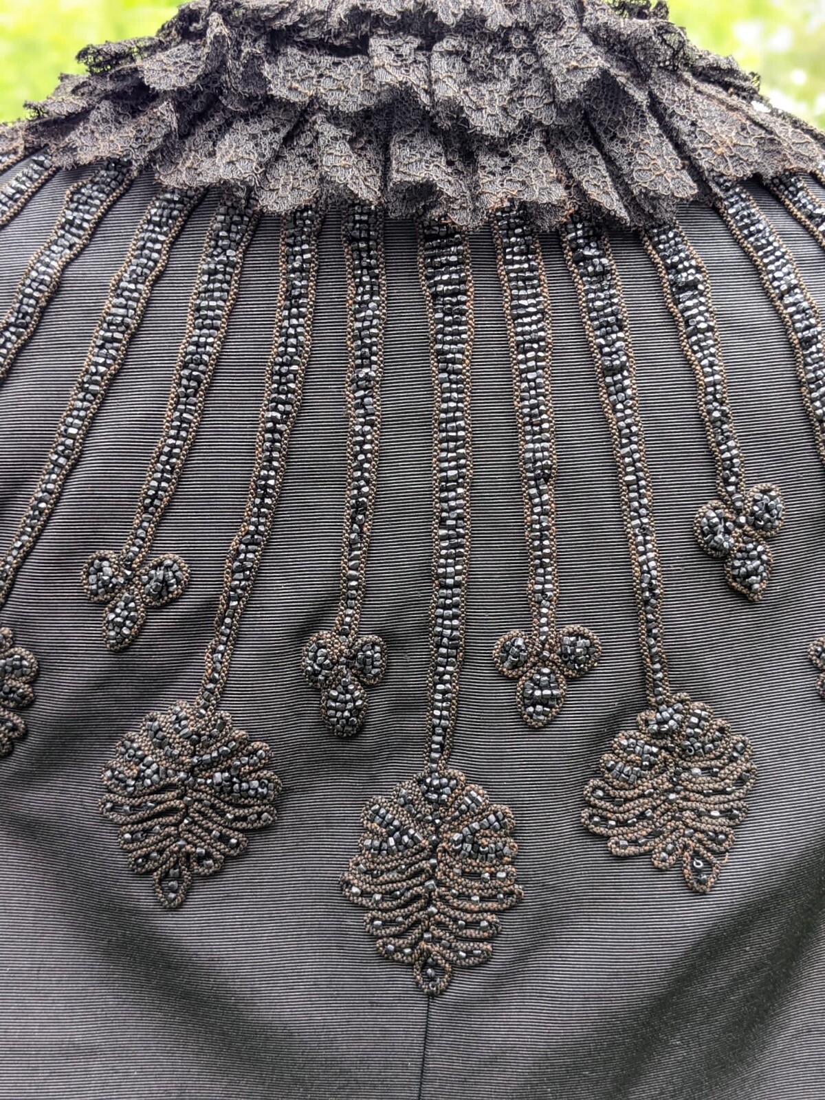 VICTORIAN 1870’S BLACK SILK FAILLE BUSTLE CAPE W BEADS SOUTACHE & LACE