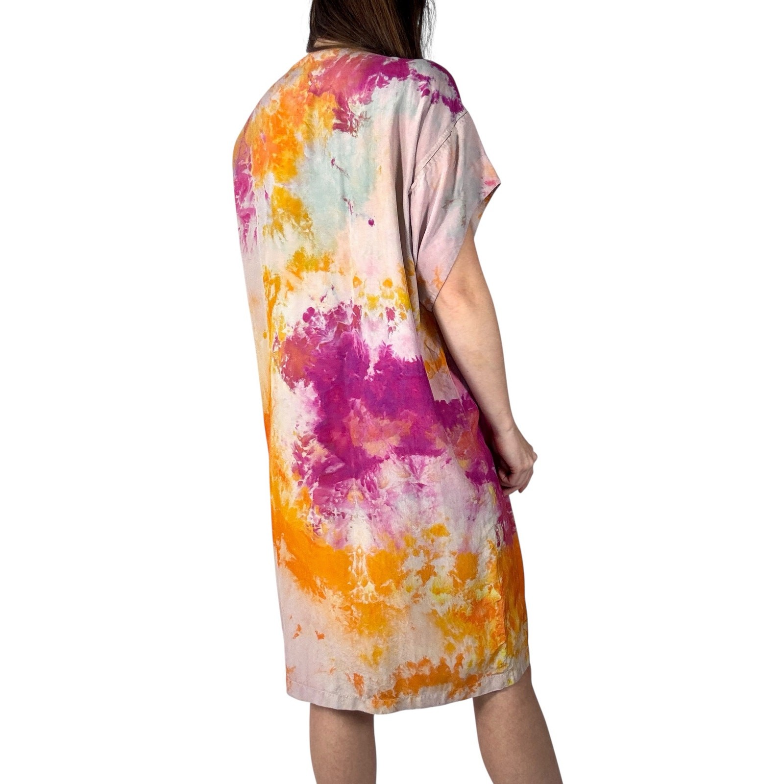 Hand Dyed Vintage 80s Lzinga Silk Shift Dress Orange Magenta Ice Dye Wood Button