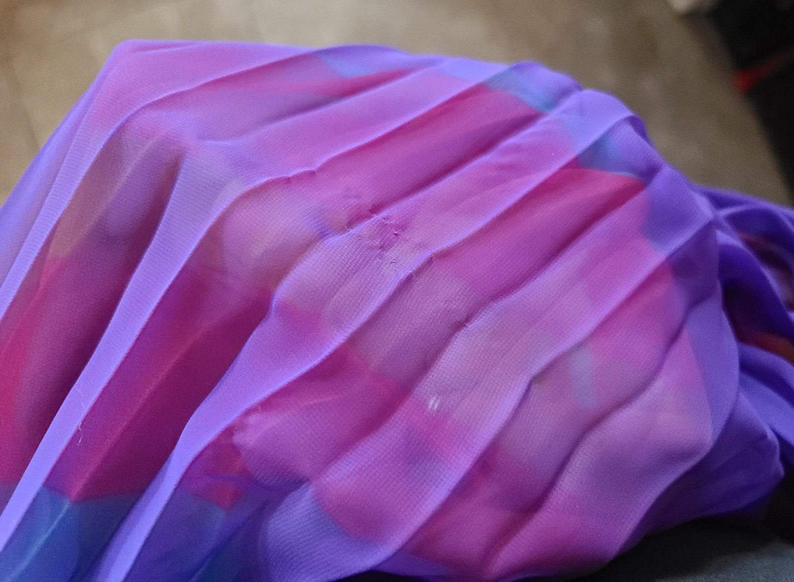 VTG Chiffon Pleated Rainbow Stripe Purple Maxi Dress Ruffle Collar V Neck UV Glo