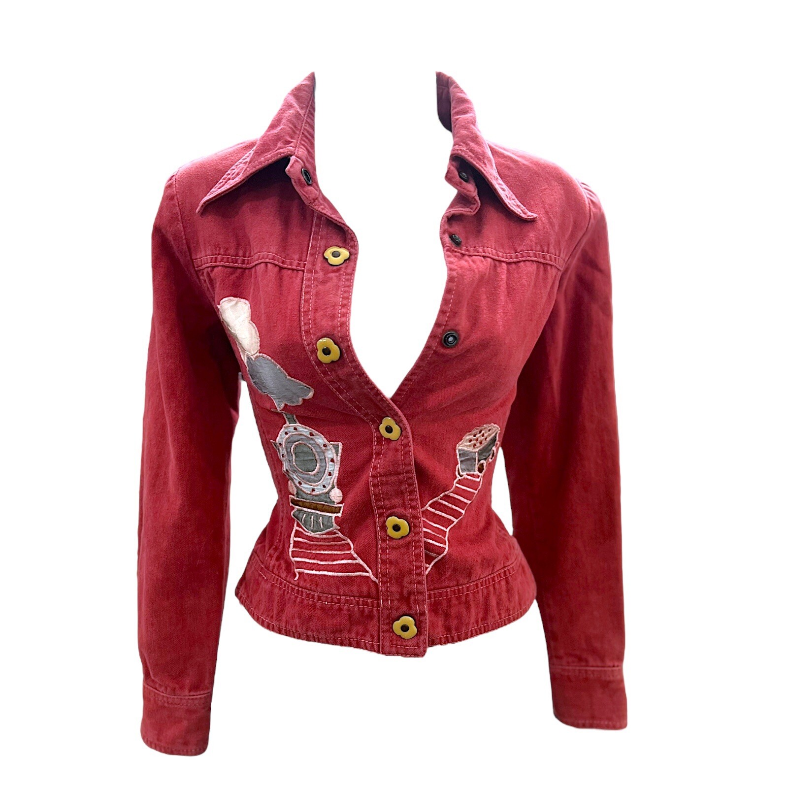 1970s Roncelli Denim Jacket Novelty Train Appliqué Vintage Top Wearable Art Sz S