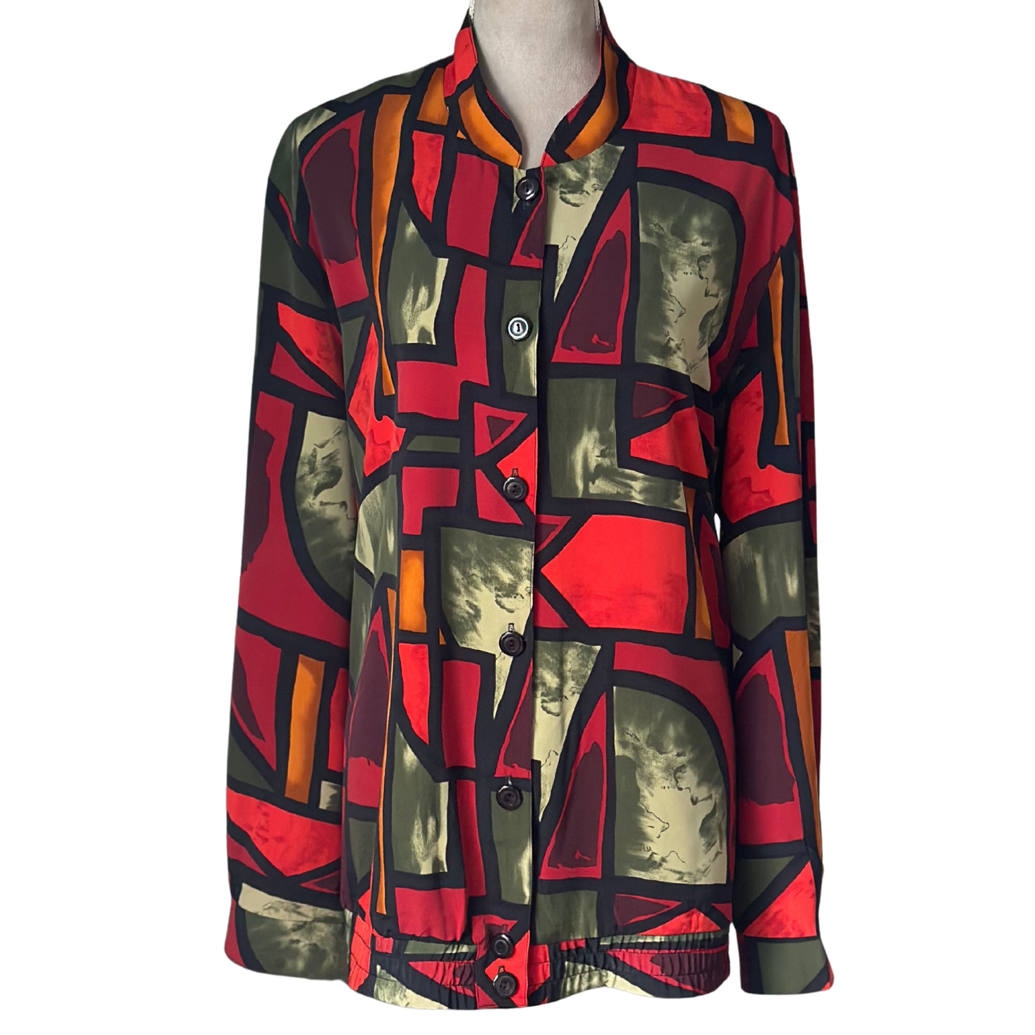 Retro 80s Top Vintage Boho Colorblock Geometric Print Blouse Sz 18 Made in USA