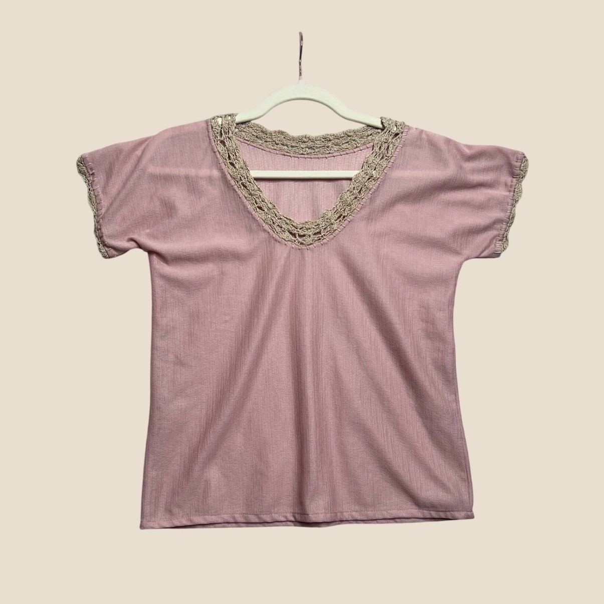 Vintage 1970s Bohemian Blouse Crochet Trim Mauve Pink V-Neck Top S