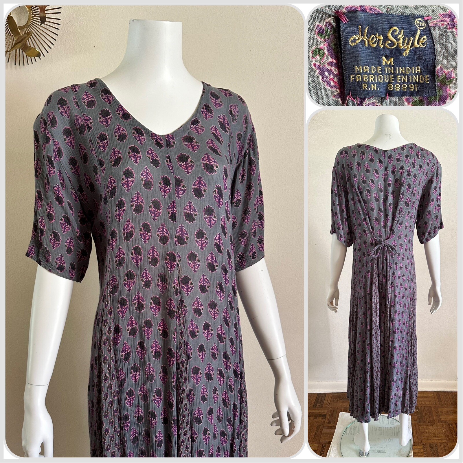 1990s Indian Block Print Rayon Gauze Tie Back Dress Grunge Floral Punk M 90s VTG