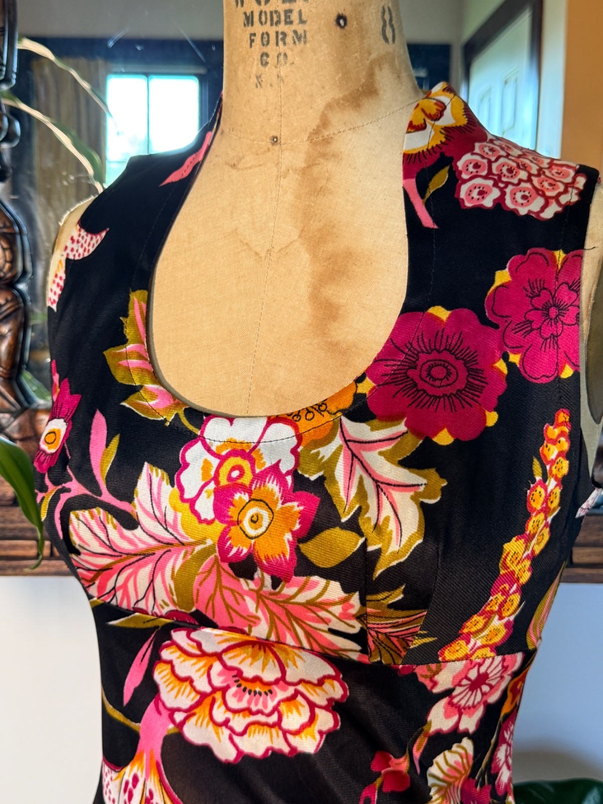 Vintage 70s Slinky Keyhole Polyester Maxi Disco Floral Dress 10