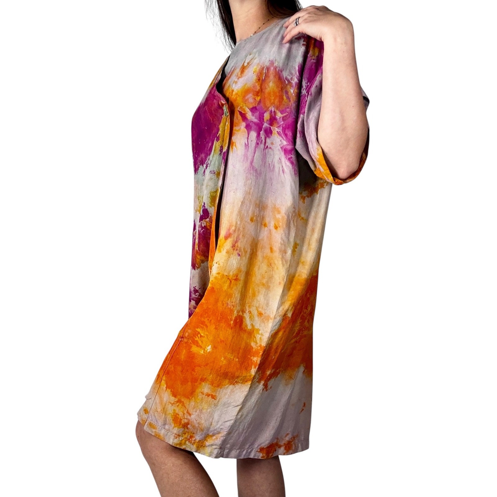 Hand Dyed Vintage 80s Lzinga Silk Shift Dress Orange Magenta Ice Dye Wood Button
