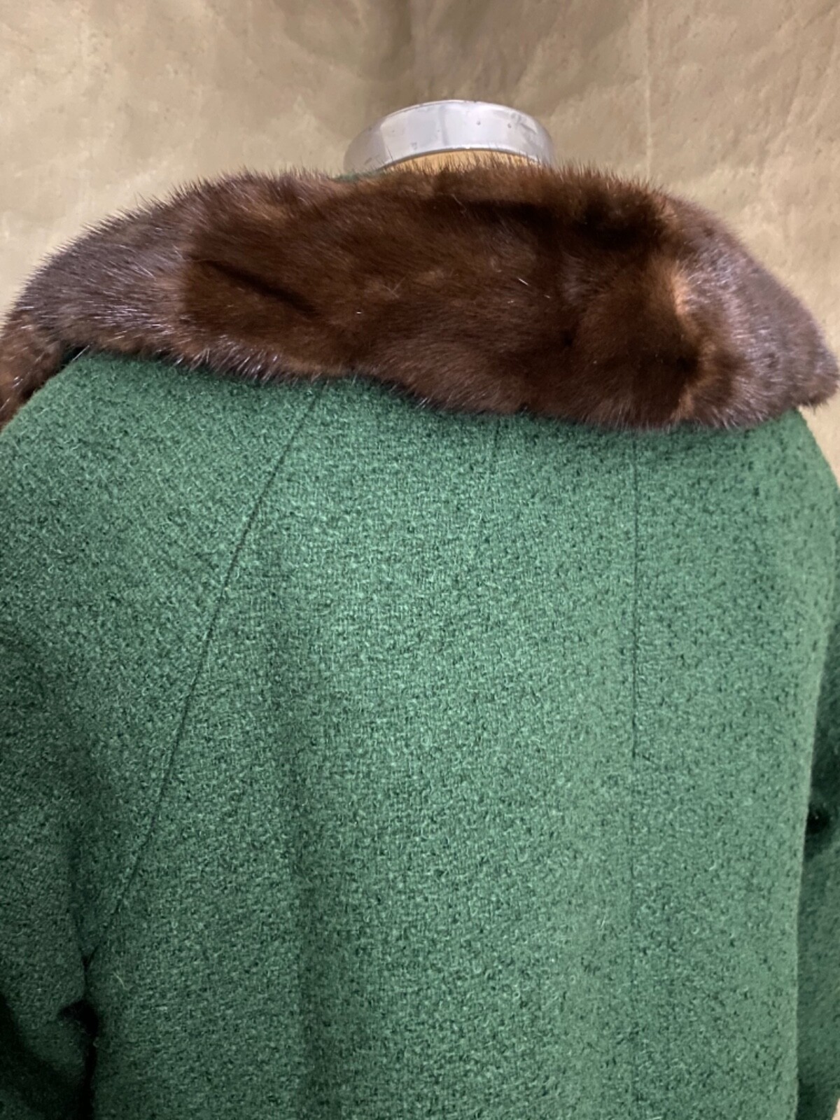 Vintage FOREST GREEN BOILED WOOL Coat MINK FUR COLLAR Copper Satin Lining M