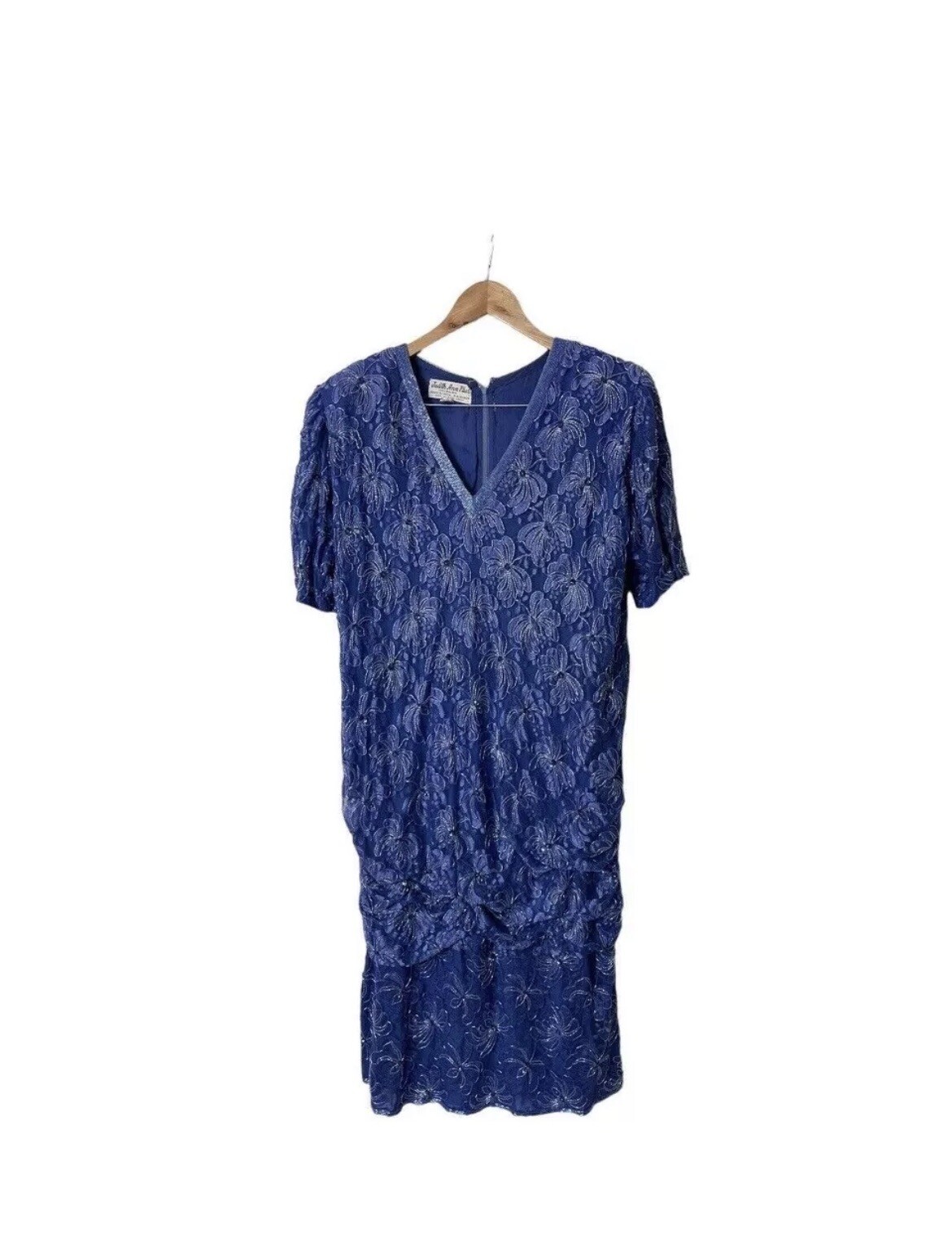 Vtg Judith Ann Plus Blue Beaded Sequined Silk Formal Dress Womens 2X XXL 20 Plus