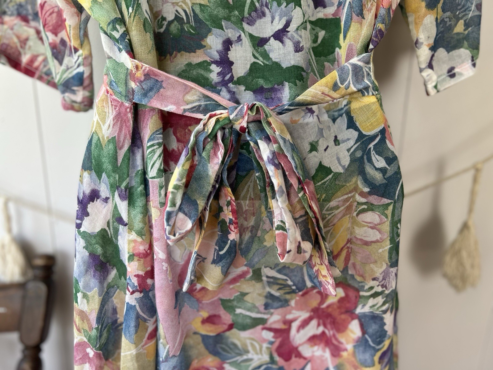 Vintage 90s Watercolor Floral Maxi Dress Sheer Chiffon Kimono Sleeve Boho M L