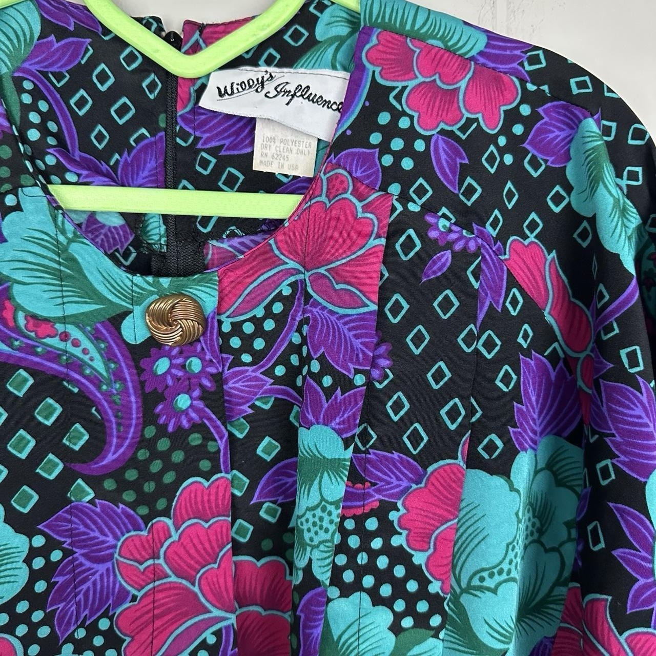 80s purple and black floral print dress with 3/4 sleeves