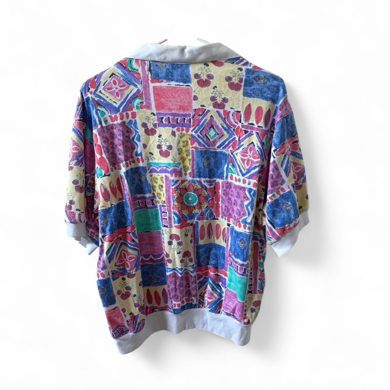 Vintage BonWorth Patchwork Print Short Sleeve Pullover Top Colorful Retro Blouse