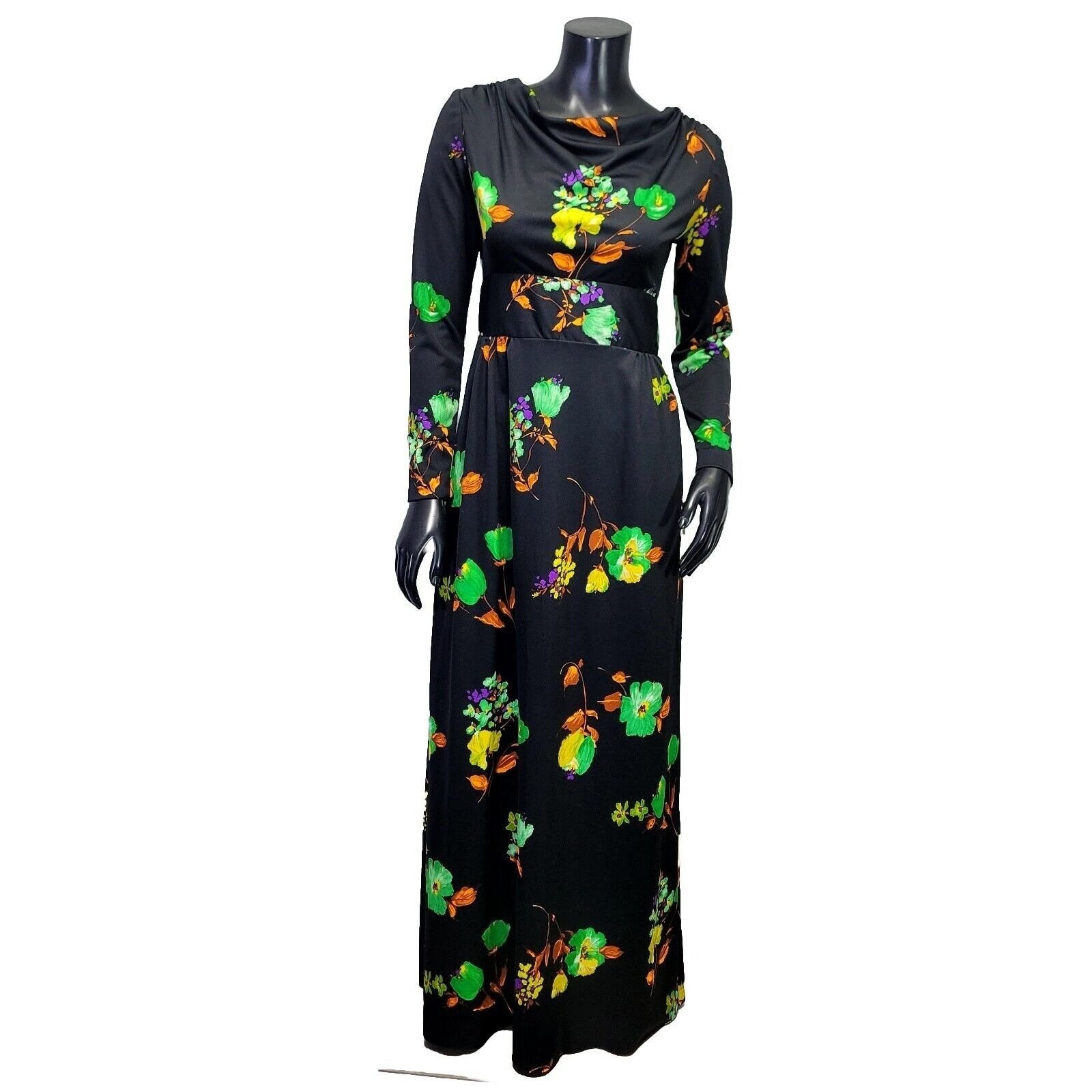 Vintage 70s Black Floral Maxi Dress S Cowl Neck Long Sleeve Mod Boho Glam