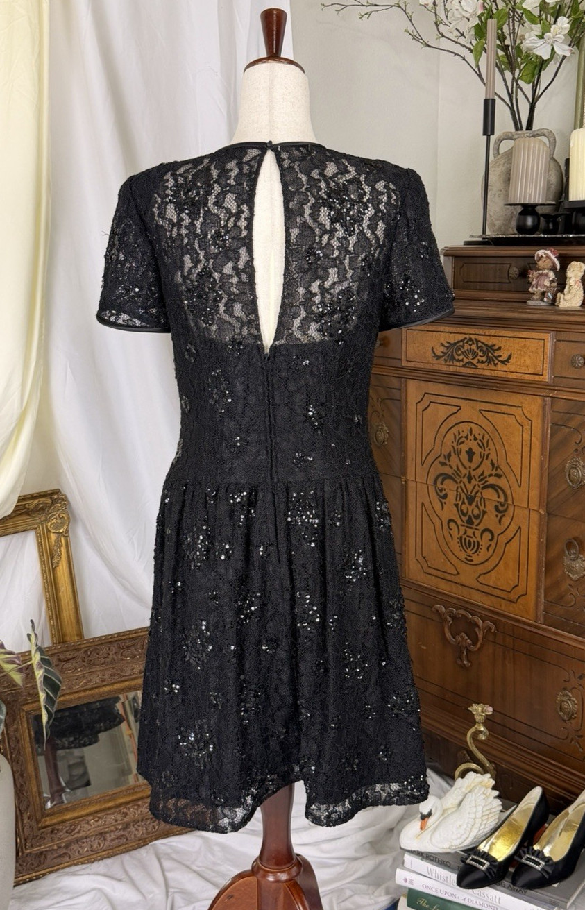 RARE True Vintage 80s Morton Myles Black Lace Sequin Cocktail Dress Prom Size 6