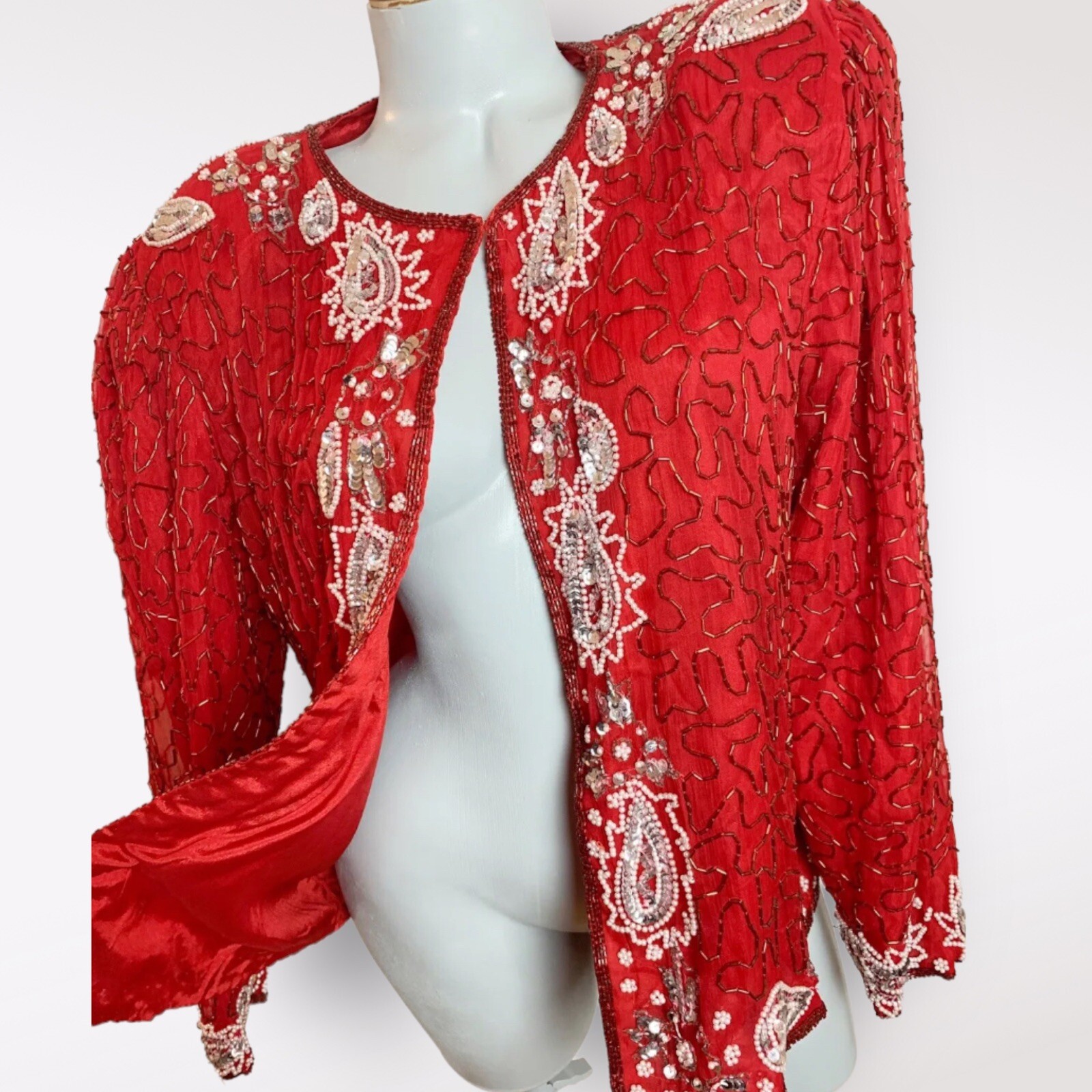 Vintage 90s Sequin SILK Beaded Paisley￼ Red Size Large L Womens Party Cocktail