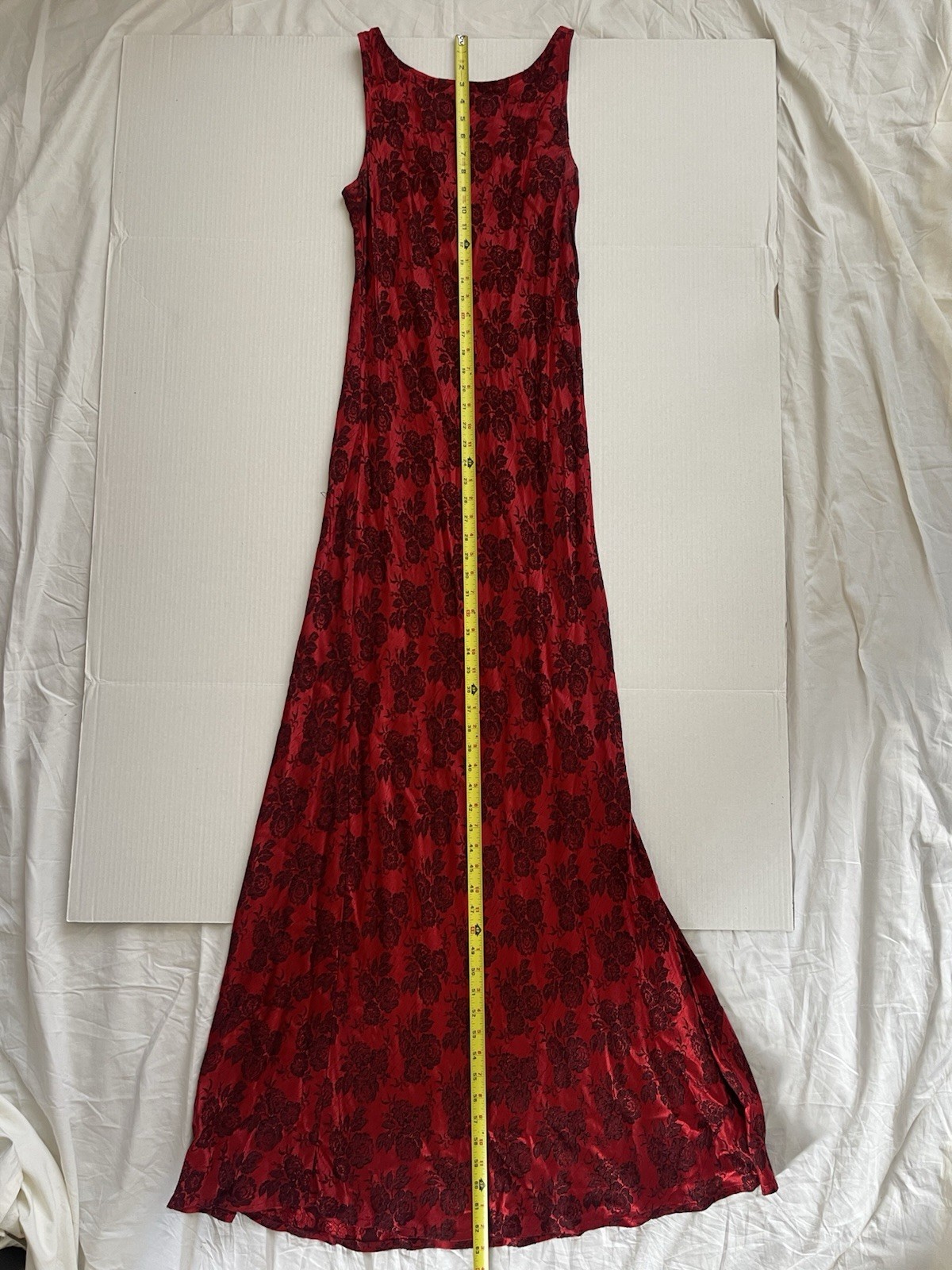 Vintage CDC Ruby Red Floral Jacquard Evening Column Gown Unique Chain Back