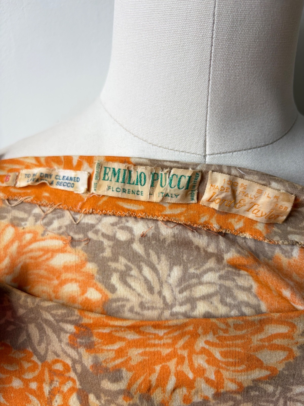 1960&rsquo;s Emilio Pucci for Lord & Taylor silk jersey knit orange and tan floral