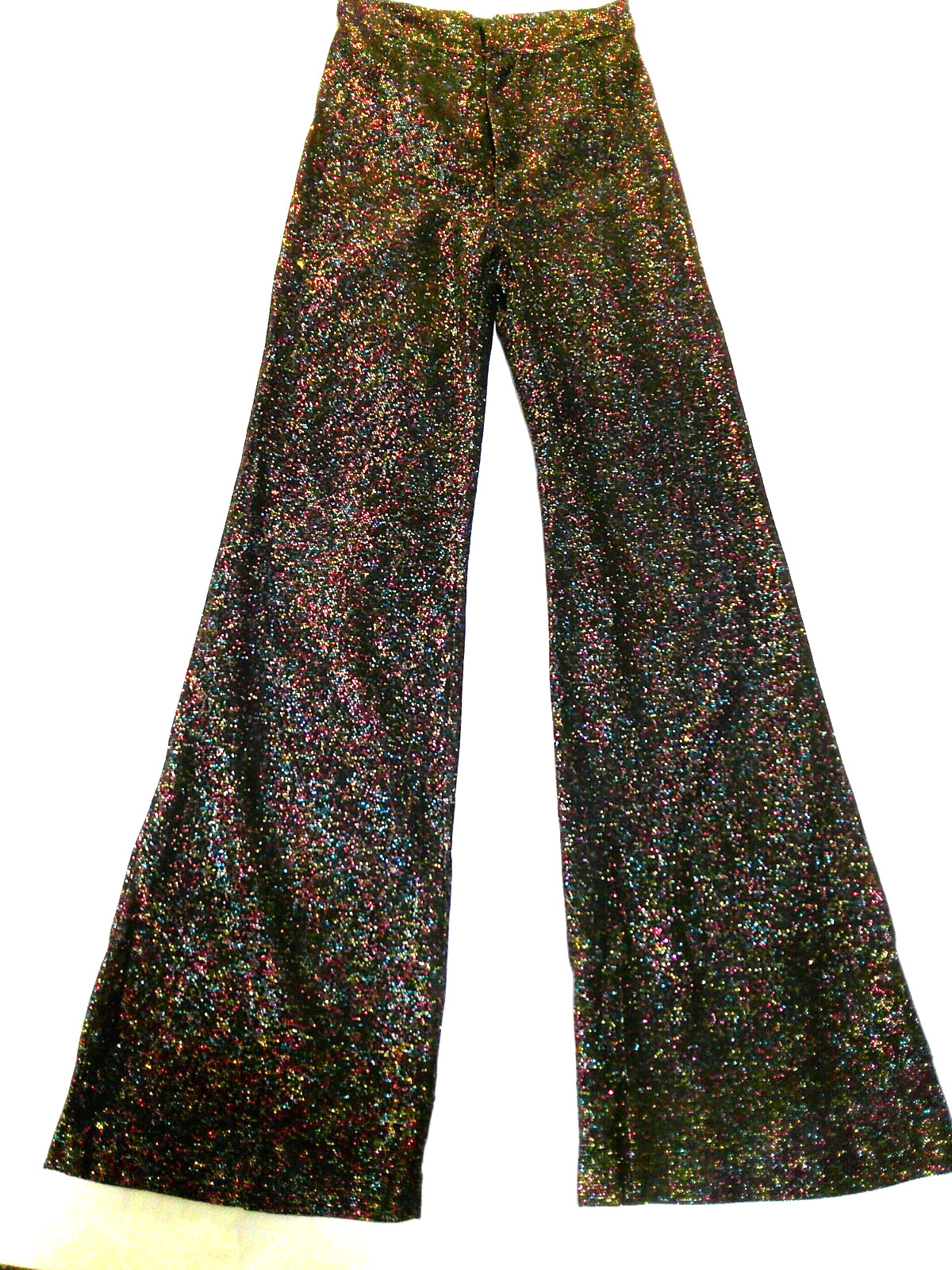 TRUE Vtg 70s GLITTER GLAM ROCK Black & Rainbow Color LUREX Flare Bell Pants XXS