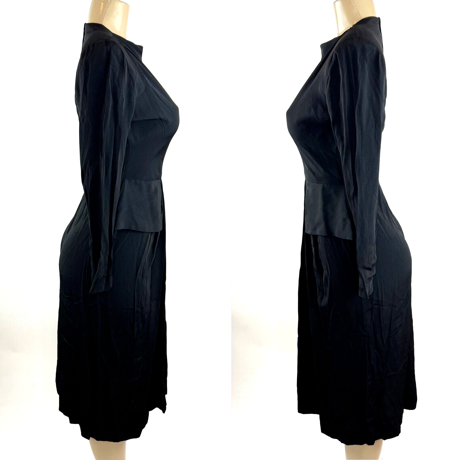1940s Dress Solid Black Peplum Long Sleeve Knee Length Ben Lan Tag True Vintage