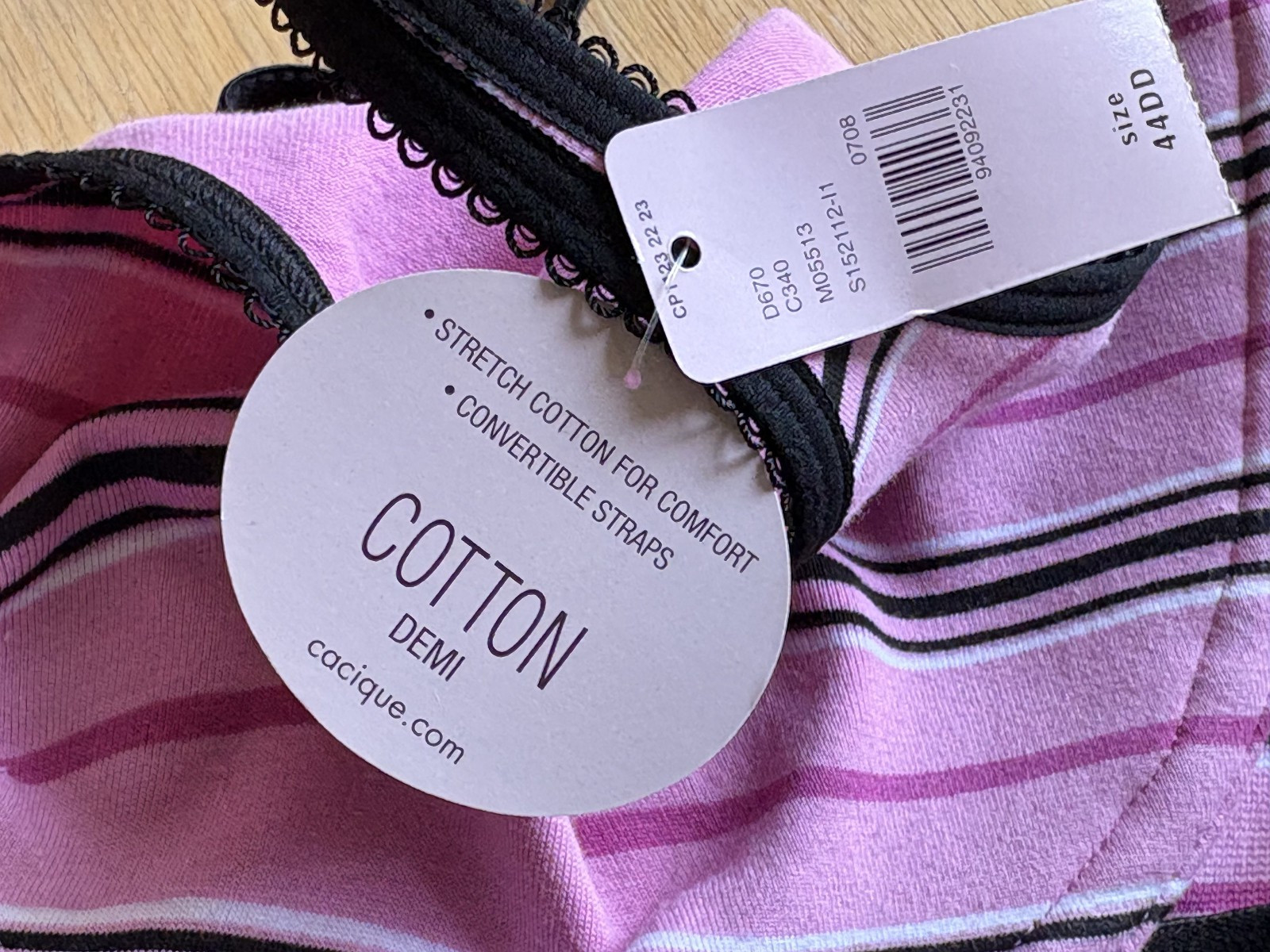CACIQUE 44DD Pink Striped Molded Cup Cotton Stretch Underwire Demi Bra NWT NEW