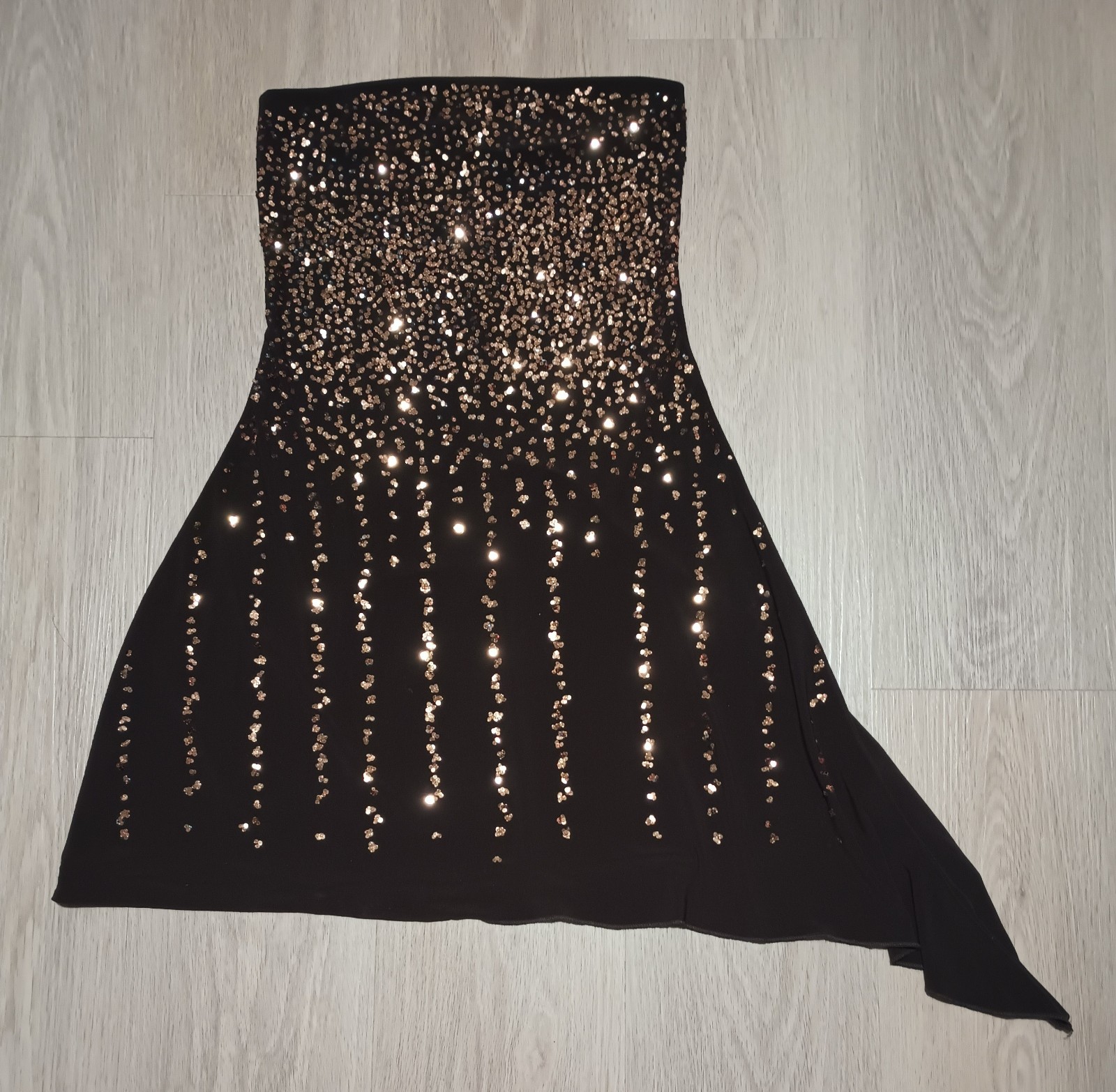 Vtg 90s Stretch Brown Sparkly Copper Sequin Strapless Asymmetric Tunic Top XS