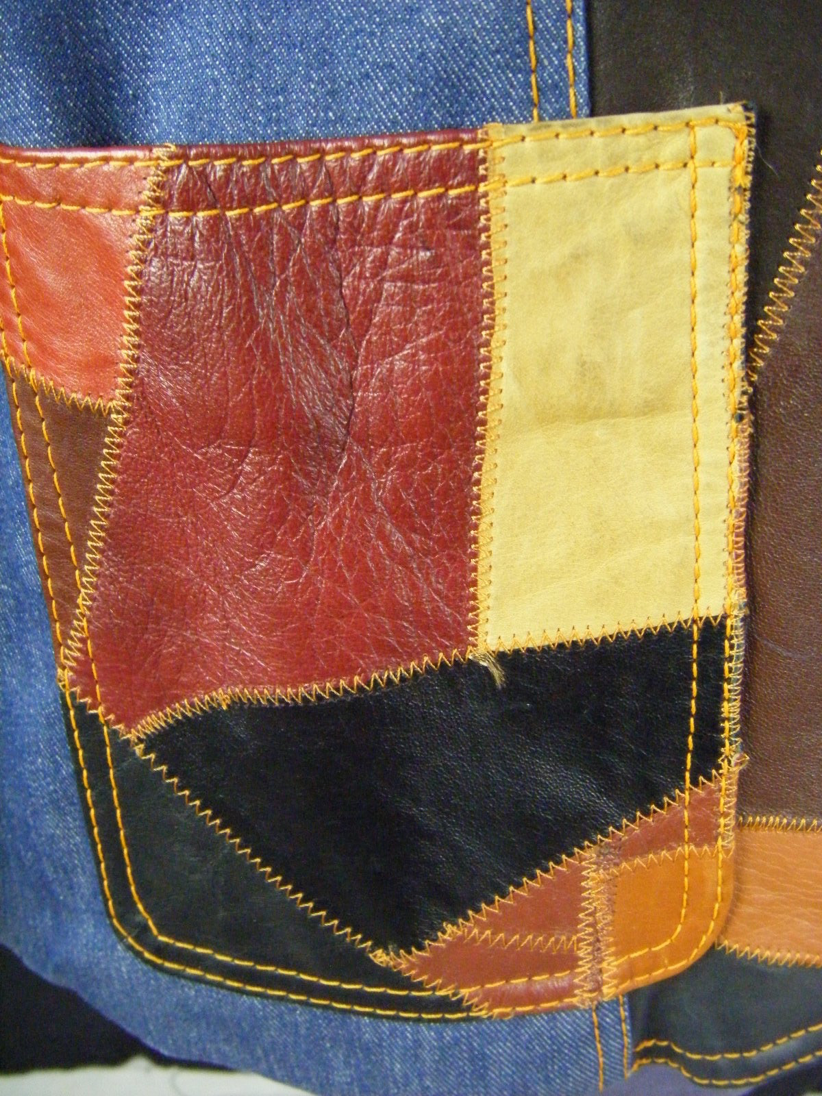 ROSEMARY Vtg 70 Leather Patchwork Denim Jacket-Bust 35/2XS-XS