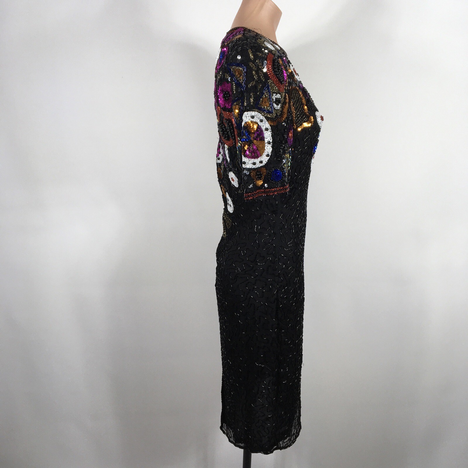 Vtg 80s Black Floral Silk Sequin Beaded Cocktail Party Gown Glam Dress P S EUC