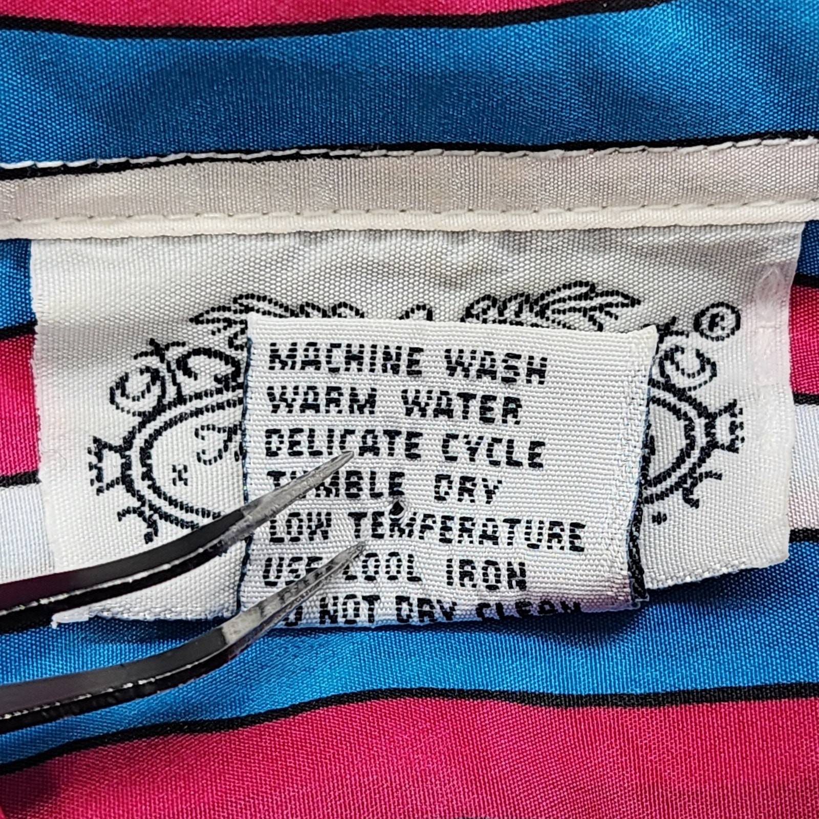 Vintage The Villager Top Womens 16 Pink Blue White Striped Tie Neck Button Front