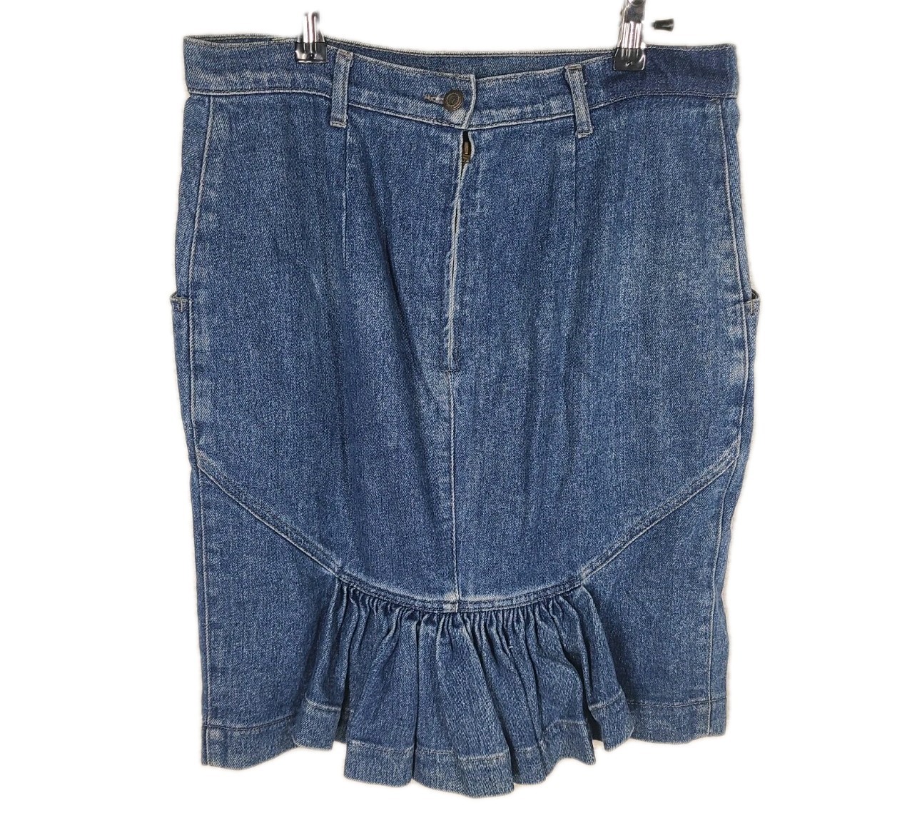 Y2K Denim Mermaid Skirt Ruffle Back Vintage Blue Jeans Byblos Italy US10 Womens
