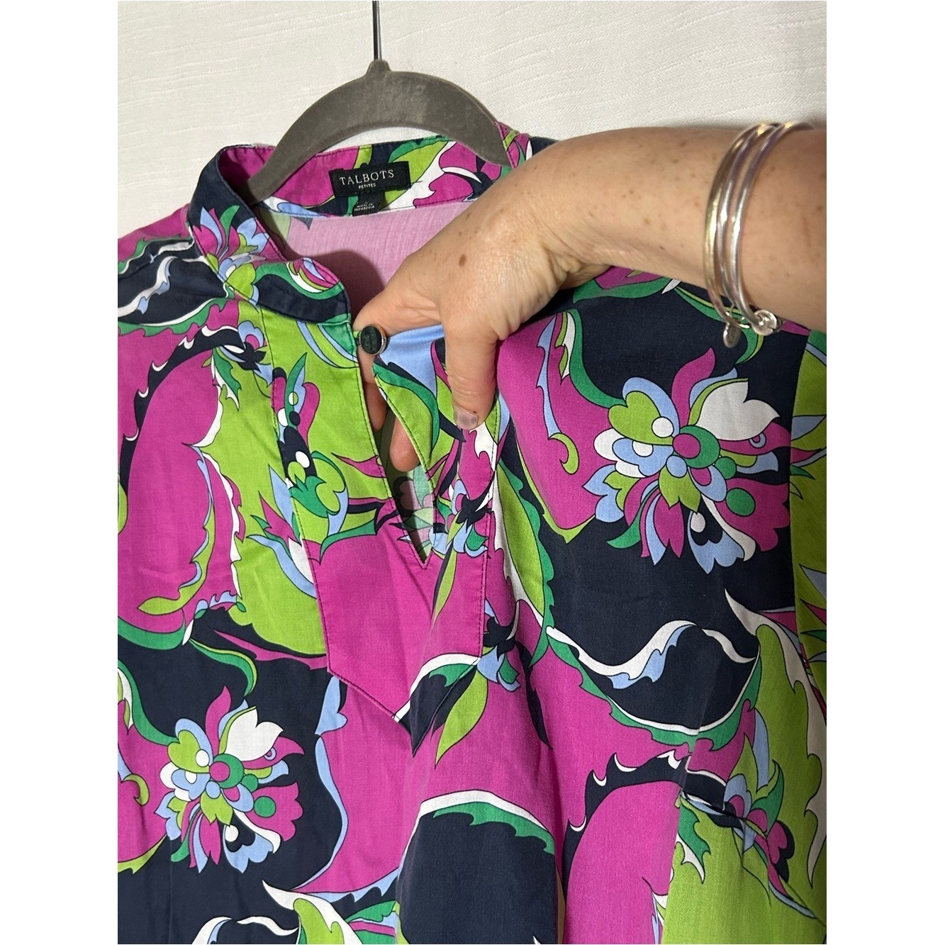 Talbots Retro Pucci Inspired Pink, Green & Navy Paisley-Print Long Sleeve Blouse