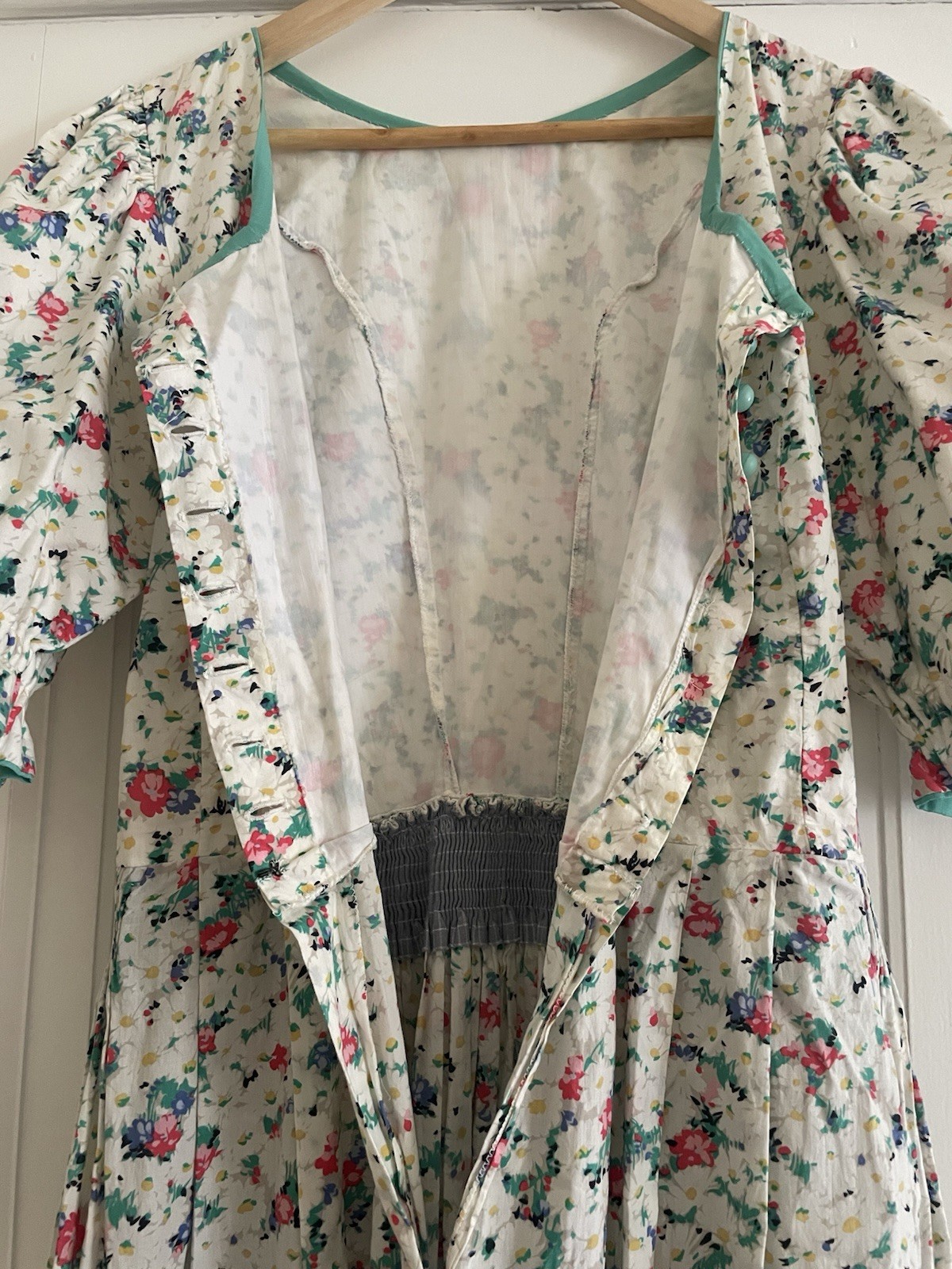 Vintage Floral Square Neck Balloon Short Sleeve Midi Homemade Day Dress S/M