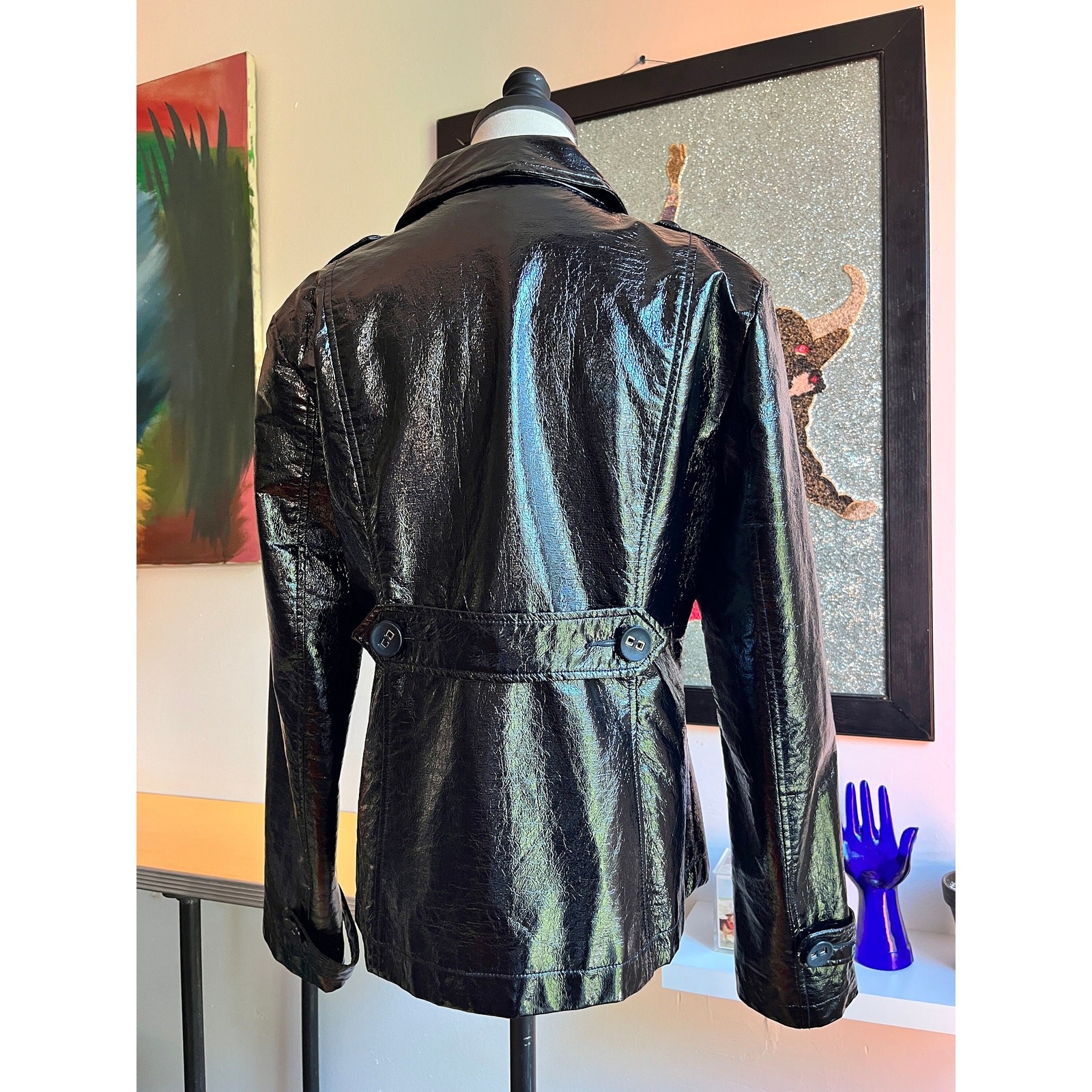 Vintage Y2K Black Vinyl Jacket | Double Breasted Moto | Cropped Tailored Fit | S