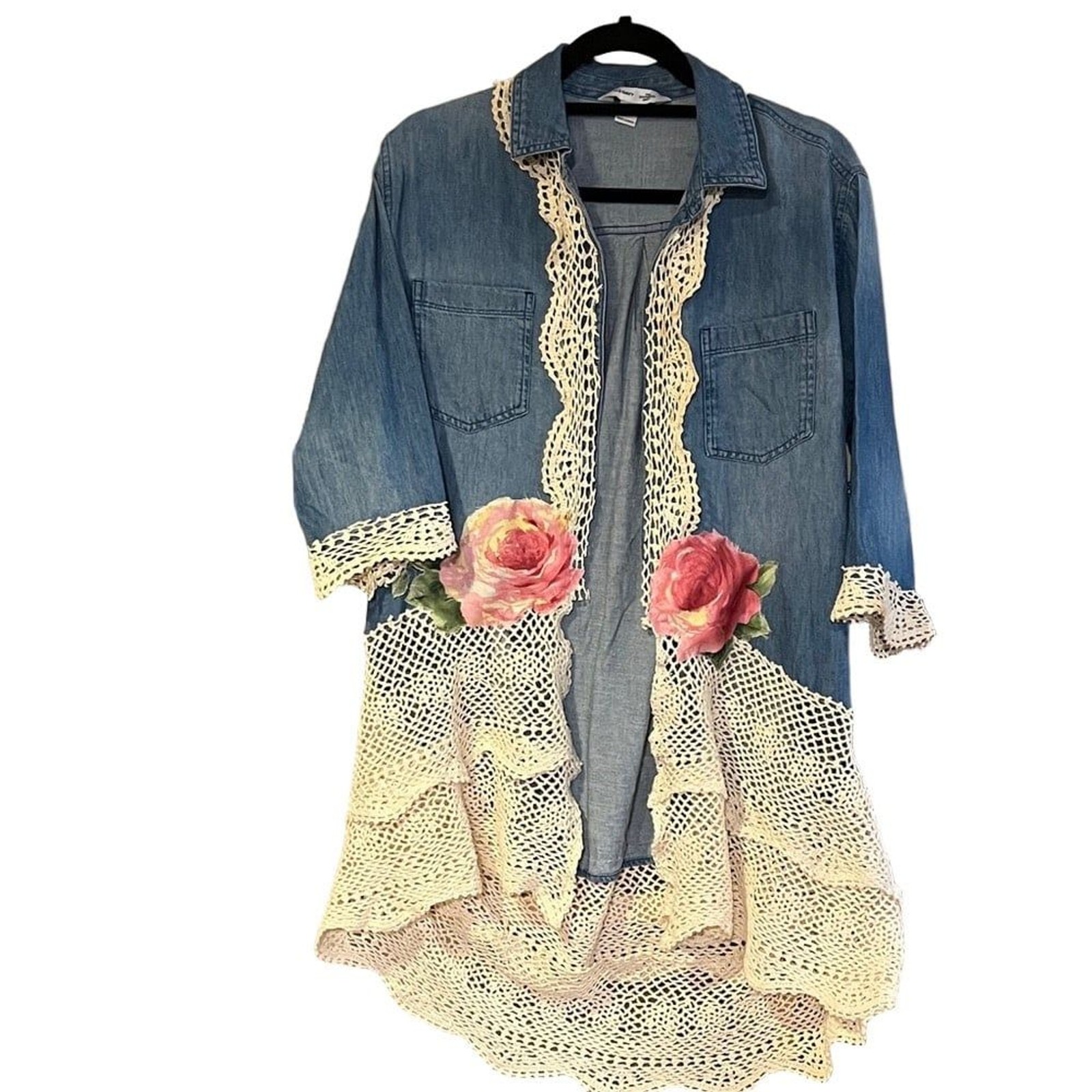 Upcycled by Melissa Denim Lace Jacket Dress Roses Cottagecore