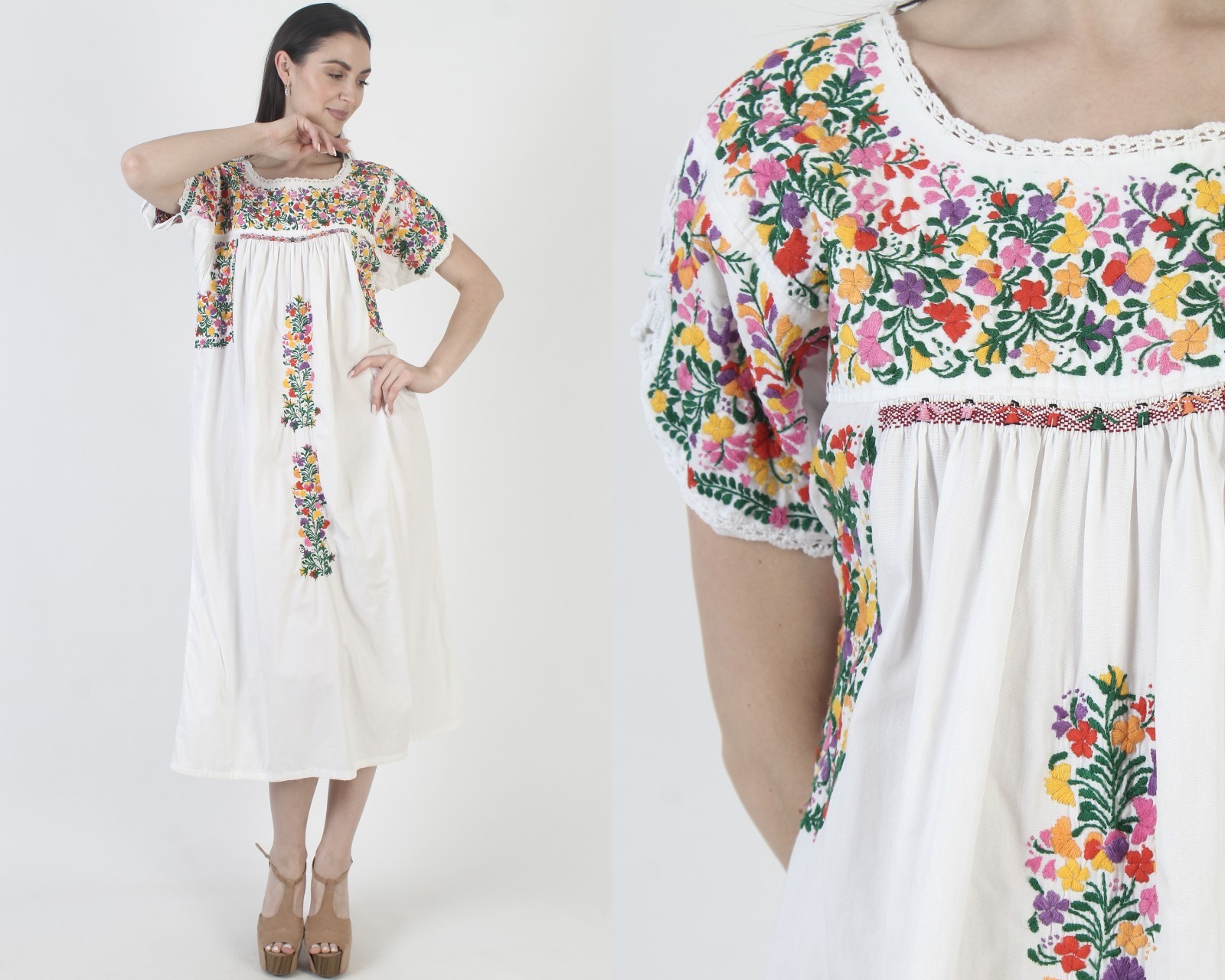 Vtg White Cotton Oaxacan Dress Mexican Embroidered Puebla Kaftan Ethnic Sundress