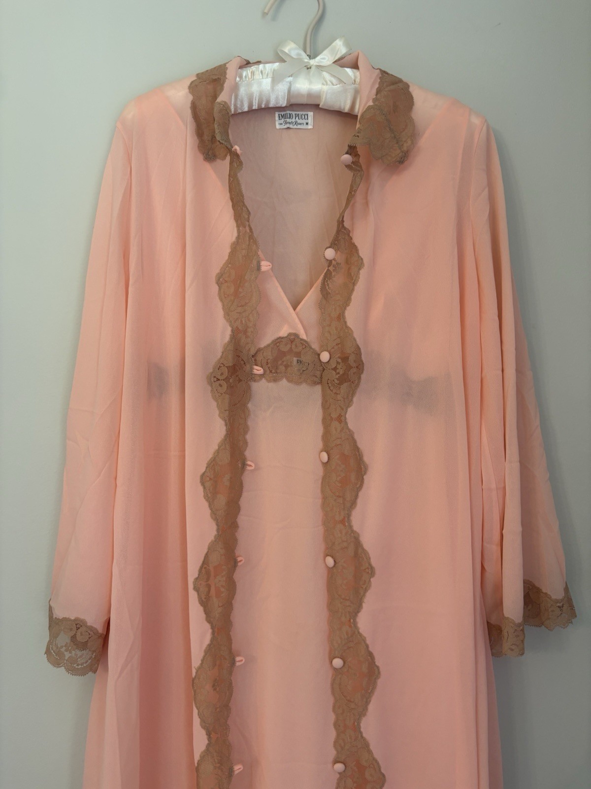 Vtg Emilio Pucci Formfit Rogers Pink Lace Nightgown Robe M medium Peignoir EUC
