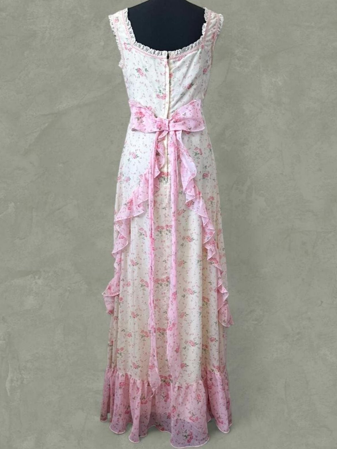 Sylvia Ann Vintage 1970s Floral Prairie Maxi Dress with Ruffles and Bow Back
