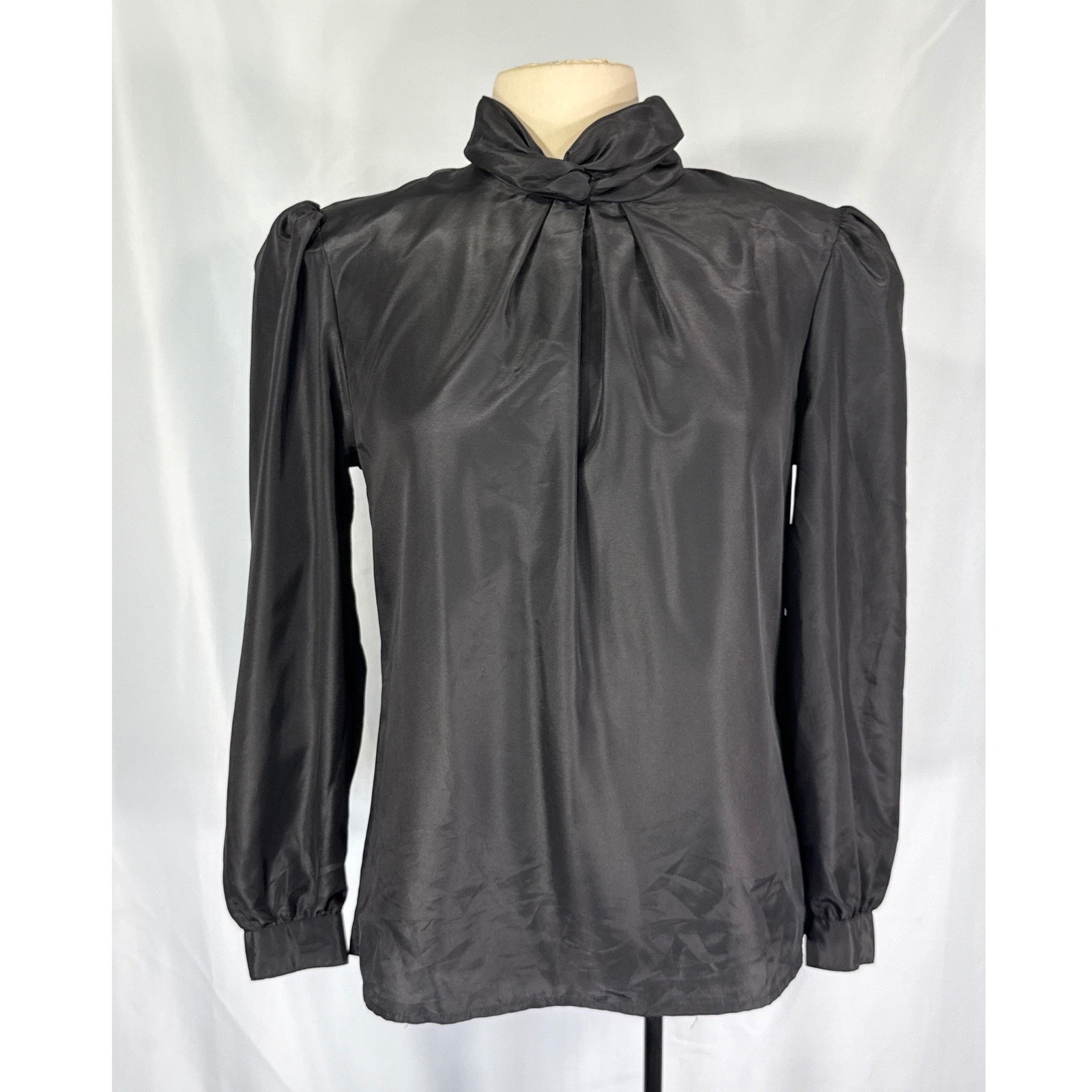 Pykettes VTG 70s Black Satin High Neck Puff Sleeve Secretary Blouse Top Shirt M