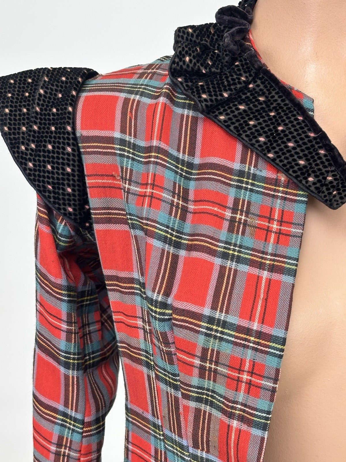 Antique Victorian Walking Coat Plaid Red Green Black Yellow Burnout Velvet AS IS