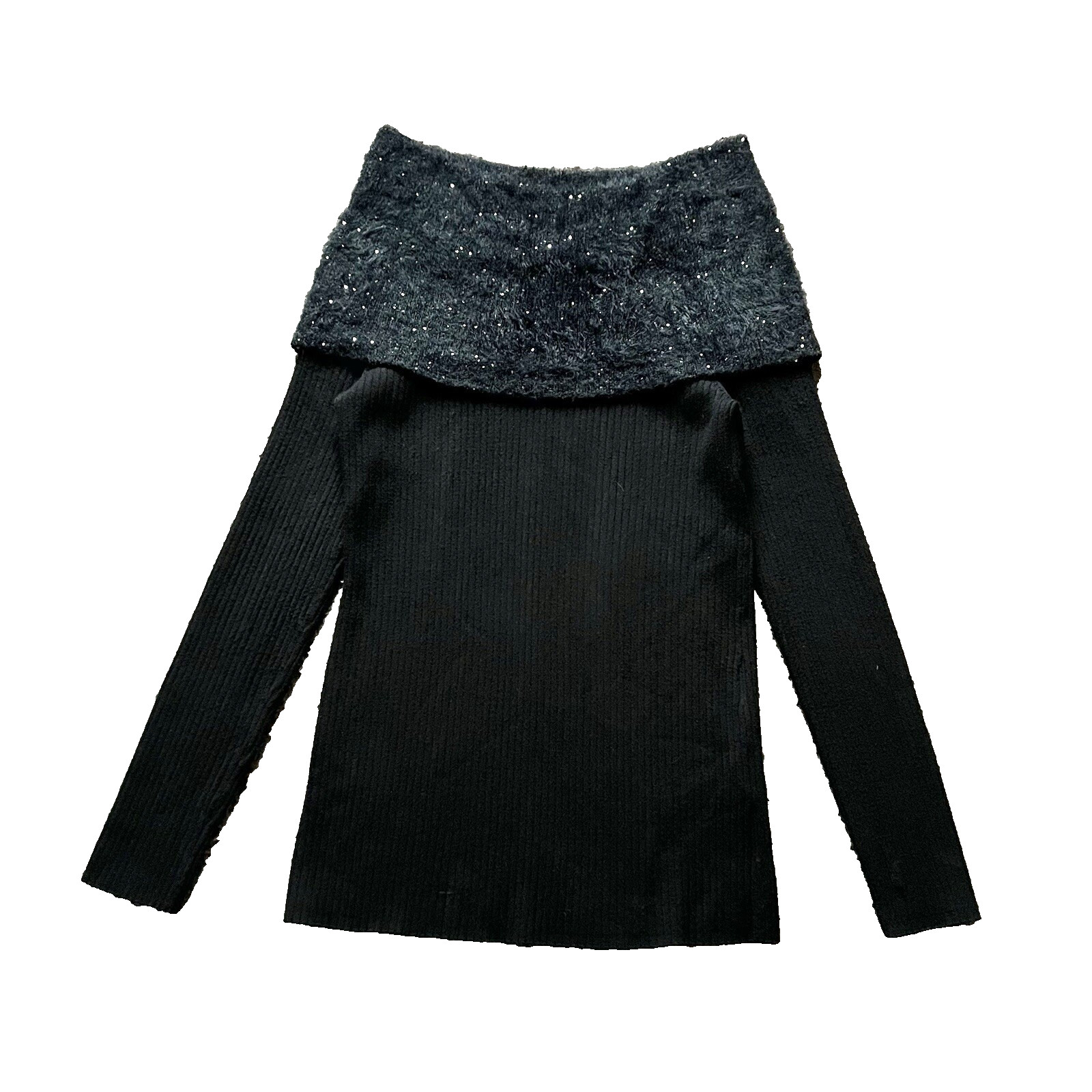 Vintage INC Evening Sweater XL Black Off Shoulder Sequin Ribbed Classic Goth Y2K