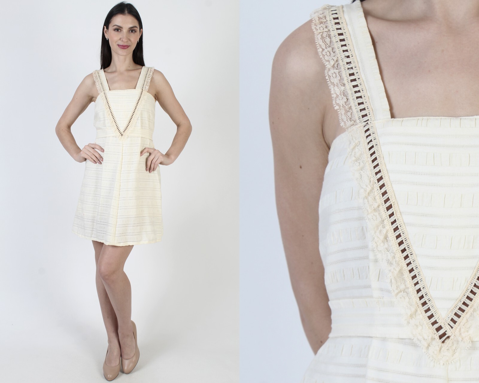 Vintage 70s Cream Seersucker Dress Short Horizontal Stripe Lace Mini Sundress