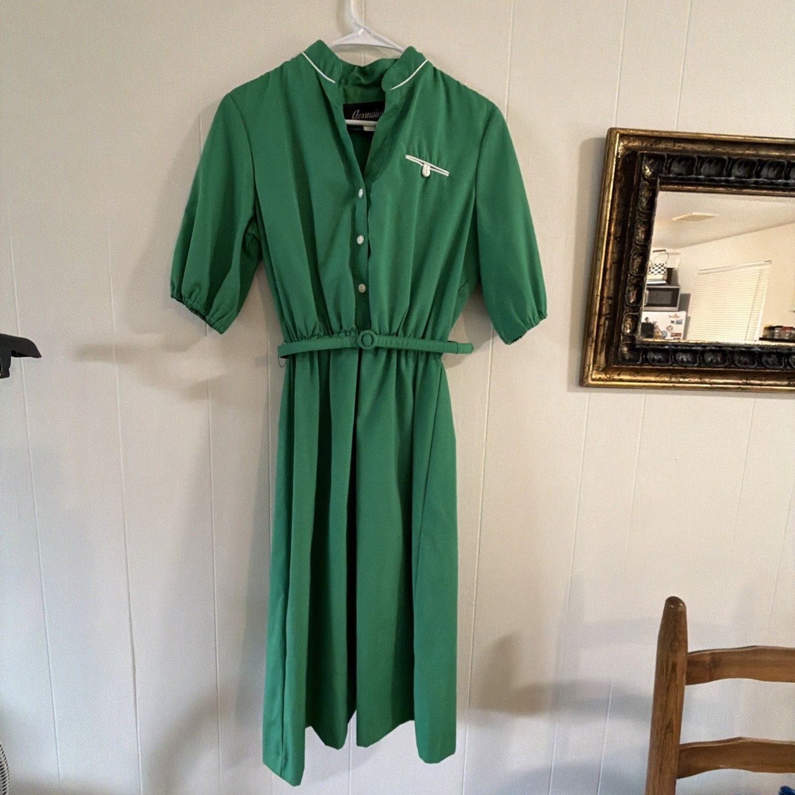 Germaine Brand Dress Women&rsquo;s Size 12 Kelly Green Belted Vintage Midi