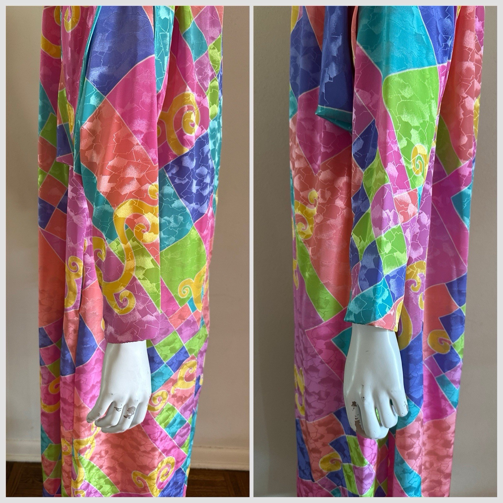 1980s David Brown Brocade Hostess Dress Maxi Resort Geometric Neon Deco Mumu VTG