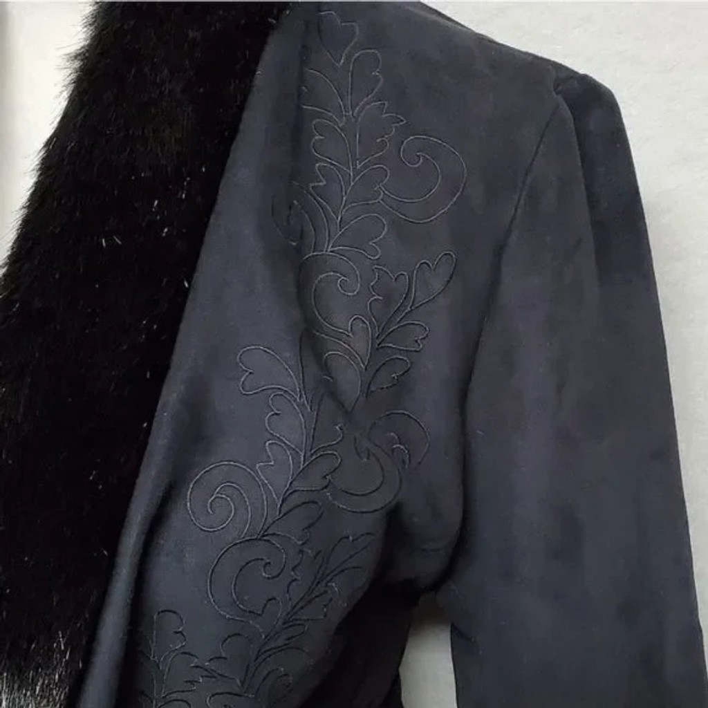 80s Vintage Extra Point by Reference Point Black Faux Suede Faux Fur Belted Coat
