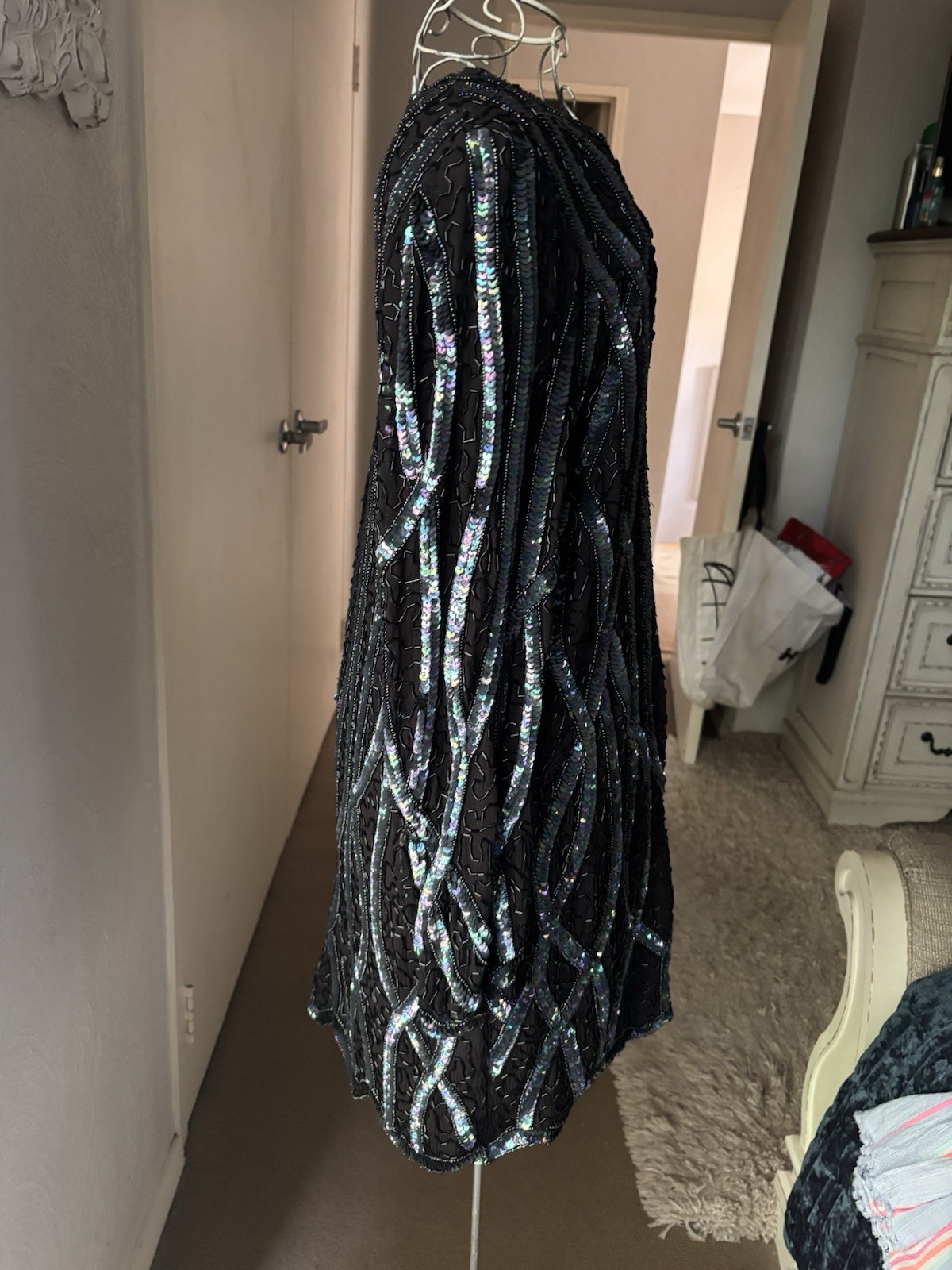 Vintage FRANK USHER Silk Sequin & Beadwork Black Mini Dress M 10-12