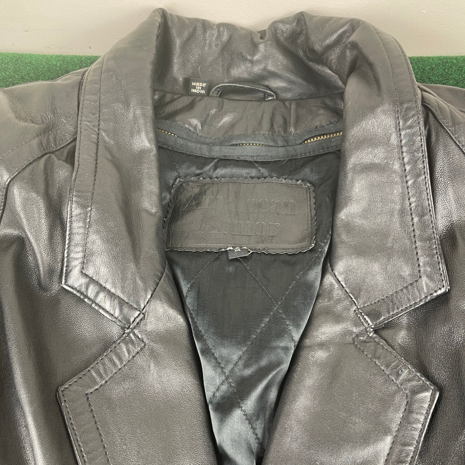 American Armor Black Leather Double Breasted Belted Trench Coat Classic Style