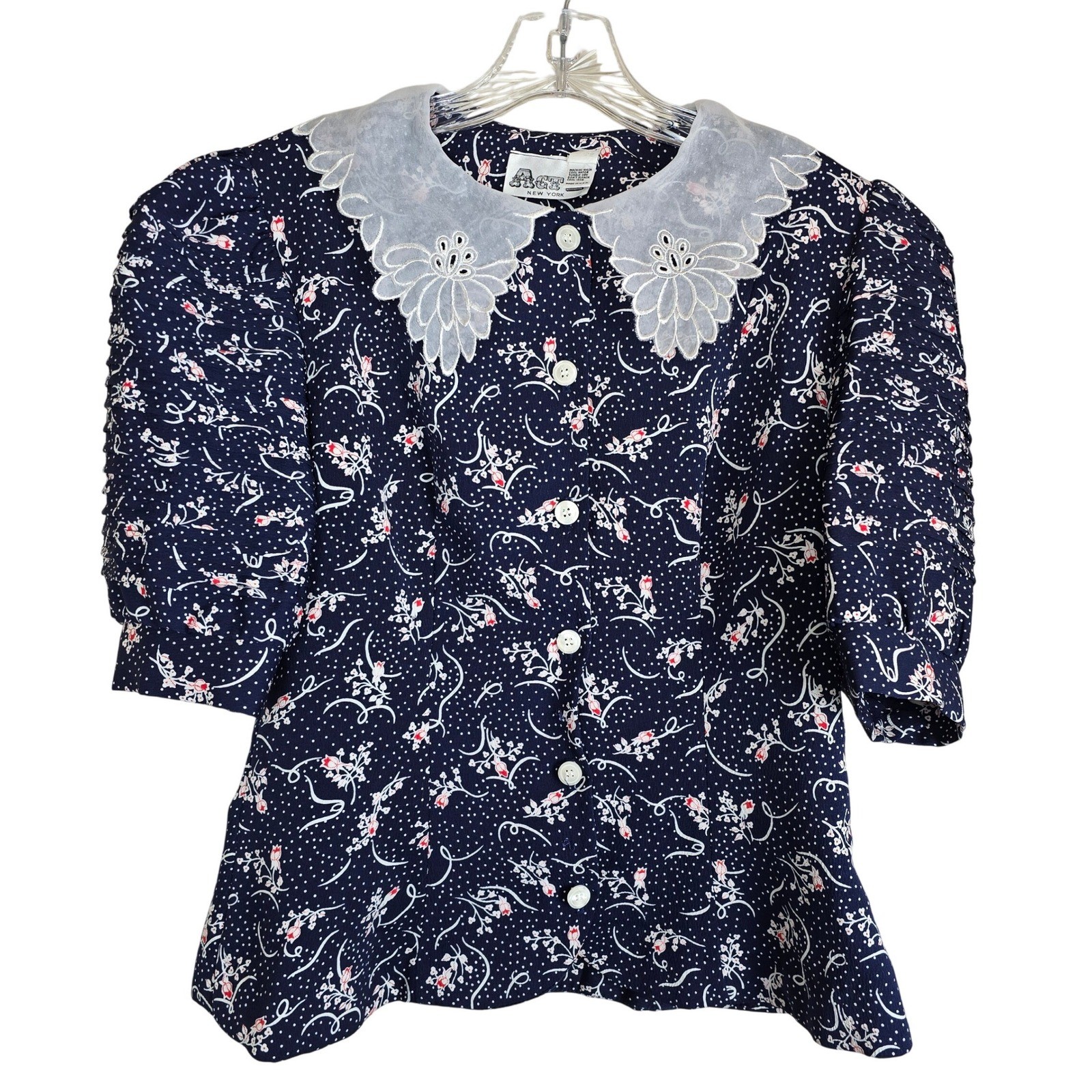 Vintage Act I New York Cottagecore Blouse Navy Floral Lace Collar Sz 5-6