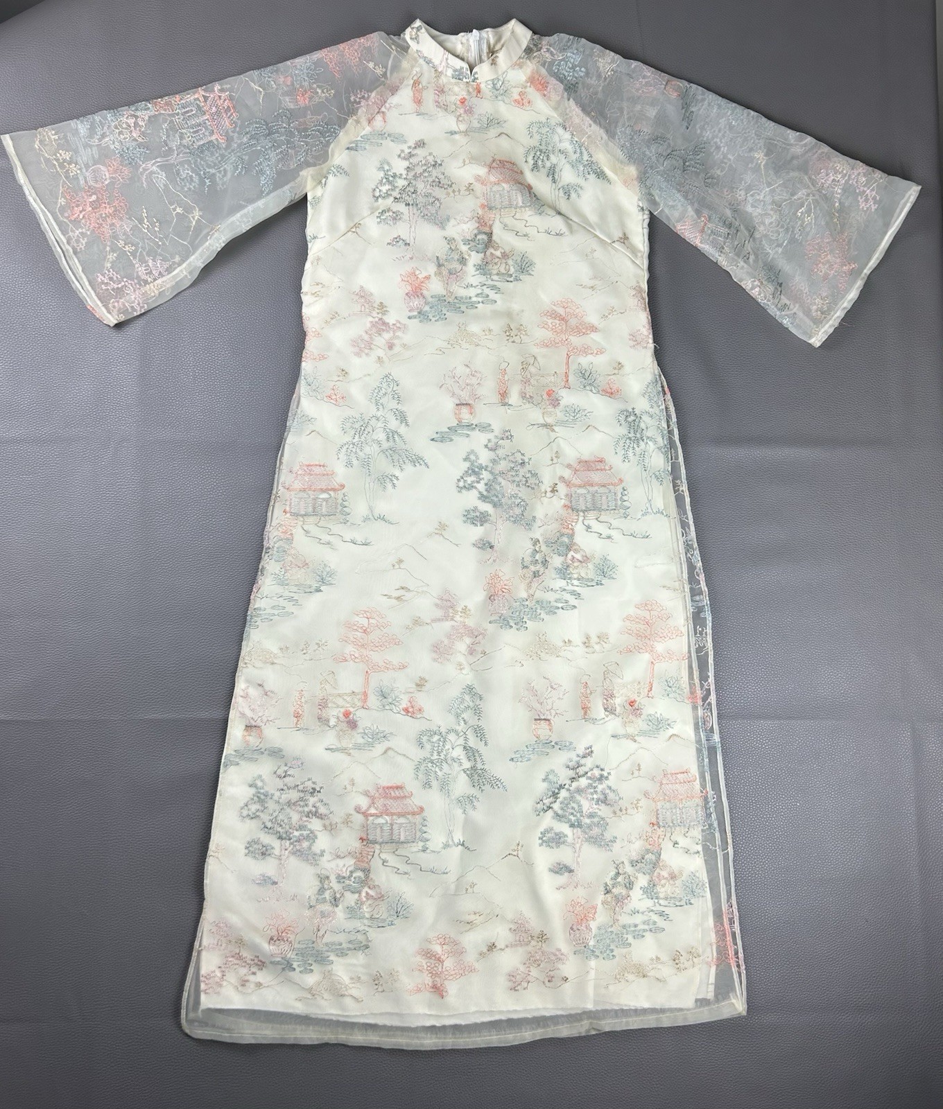 Vintage Chinese Dress XS Silk Organza Embroidered Qipao Cheongsam Formal Ivory
