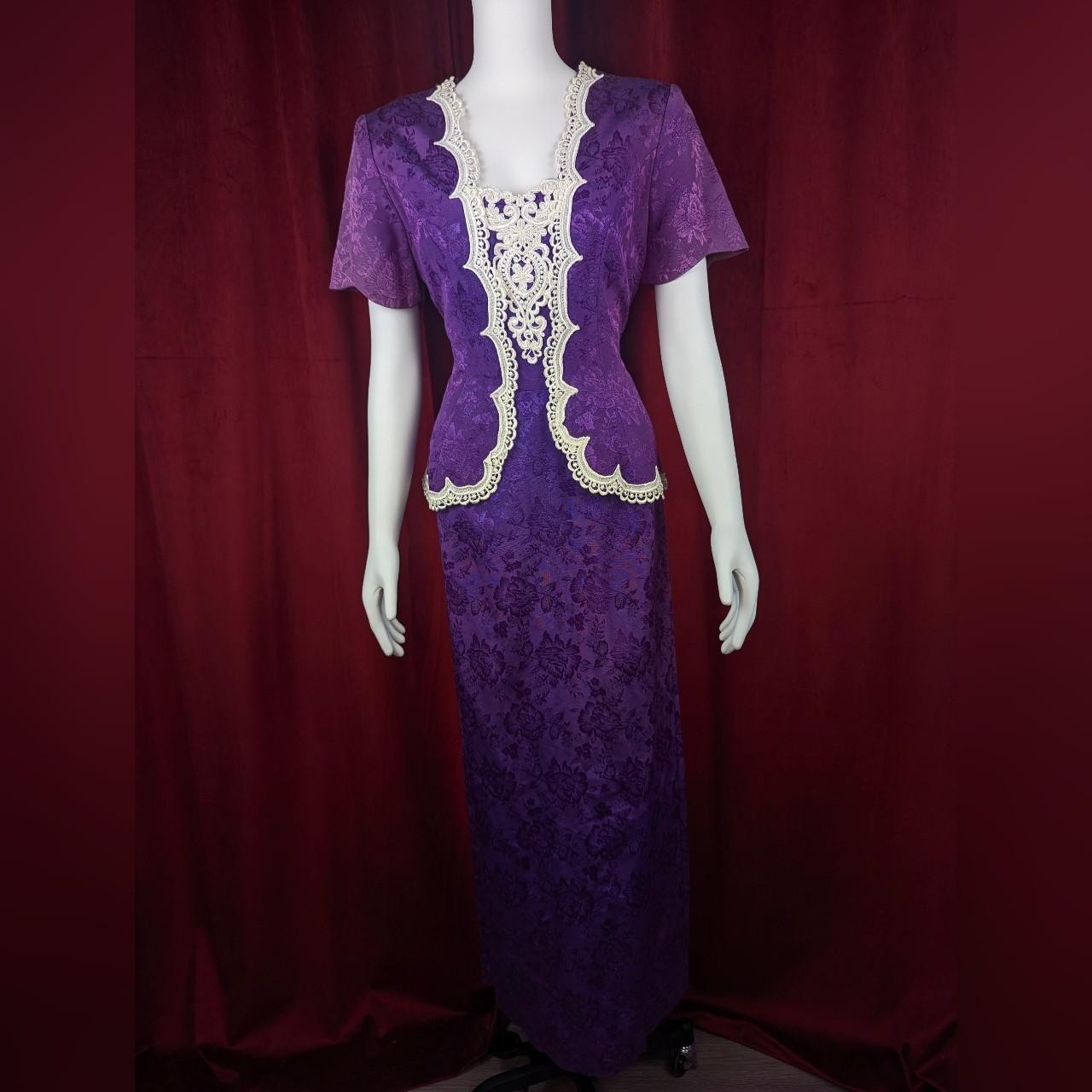 Vintage 80&rsquo;s Union Made Bari-Jay Fashion Purple & White Satin Floral Dress
